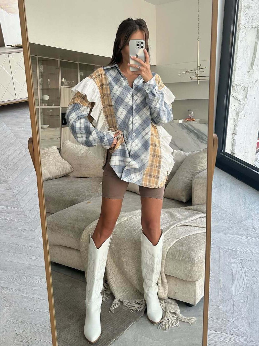 Women's Fashion Plaid Shirt Cotton Blend Contrast Color Patchwork Ruffle Long Sleeve Turndown Collar Single Breasted Loose Casual Blouse Streetwear Top