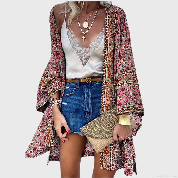 Women's Bohemian Floral Print Cardigan Lightweight Polyester Long Sleeve Beach Cover Up Loose Casual Kimono Blouse Tops For Summer Vacation