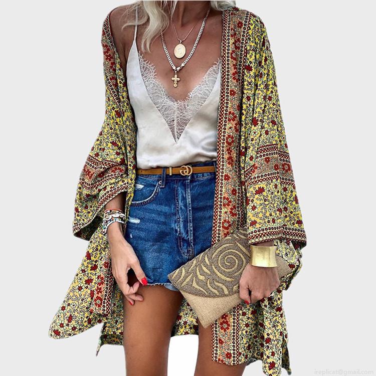 Women's Bohemian Floral Print Cardigan Lightweight Polyester Long Sleeve Beach Cover Up Loose Casual Kimono Blouse Tops For Summer Vacation