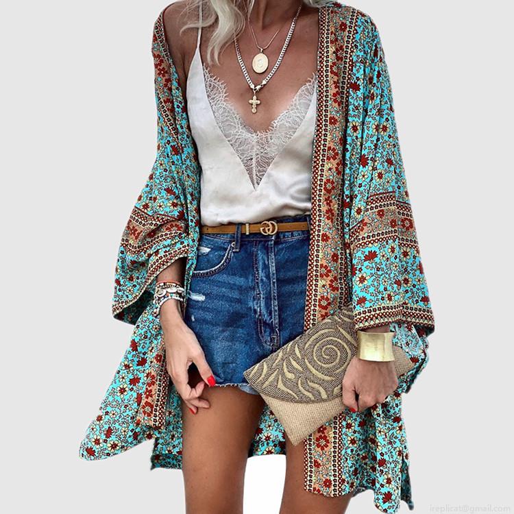 Women's Bohemian Floral Print Cardigan Lightweight Polyester Long Sleeve Beach Cover Up Loose Casual Kimono Blouse Tops For Summer Vacation