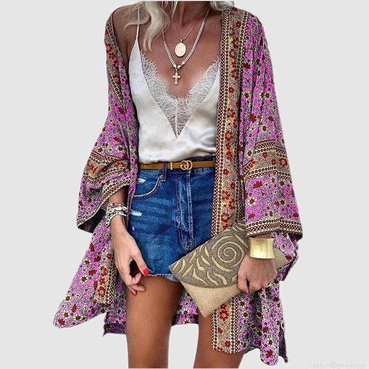 Women's Bohemian Floral Print Cardigan Lightweight Polyester Long Sleeve Beach Cover Up Loose Casual Kimono Blouse Tops For Summer Vacation