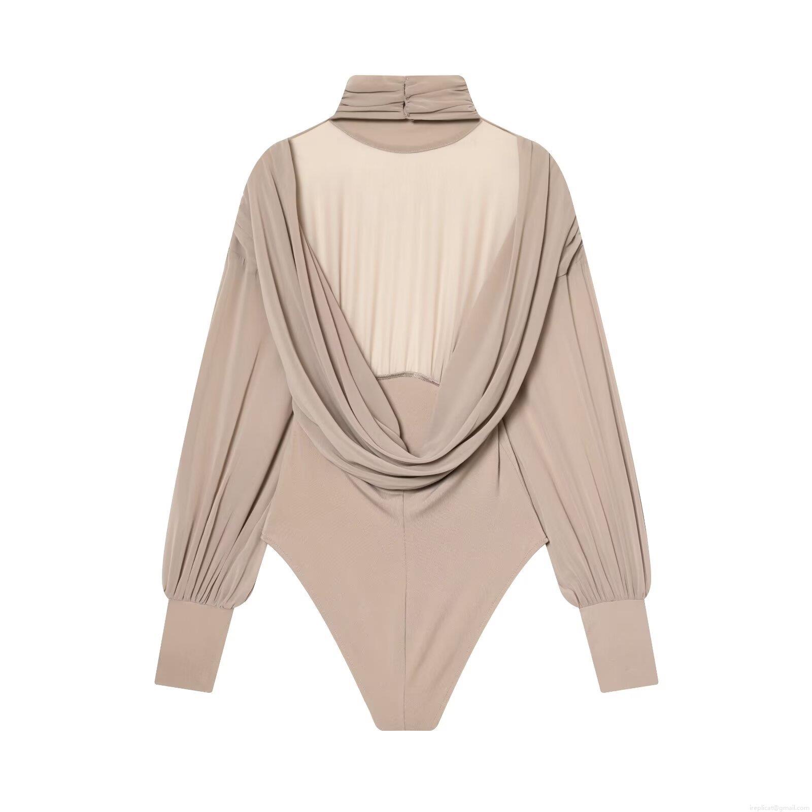 Sexy Backless Mesh Patchwork Bodysuit Women Half High Neck Long Sleeve Draped Back Slim Fit Leotard Jumpsuit Top Streetwear Party Clubwear