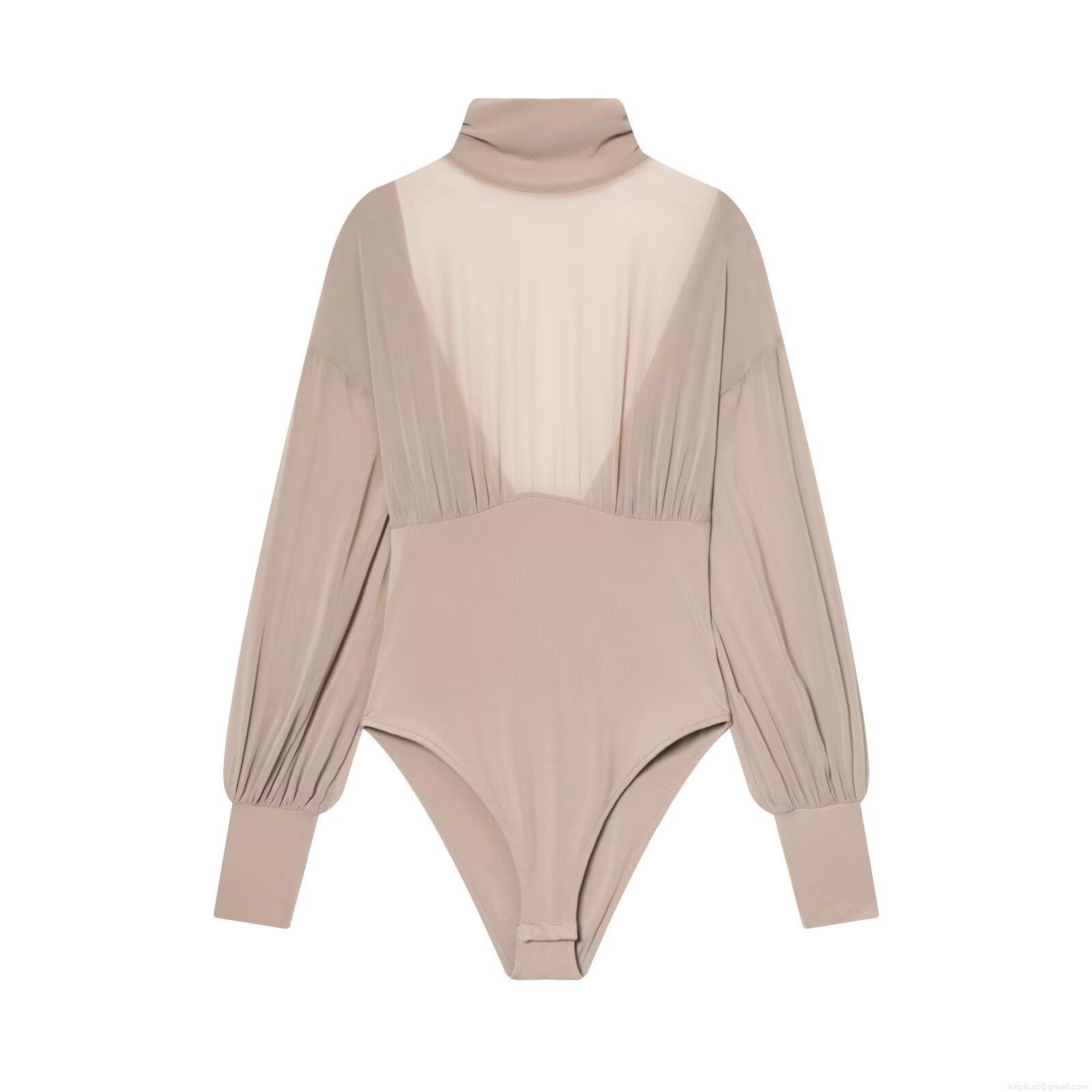 Sexy Backless Mesh Patchwork Bodysuit Women Half High Neck Long Sleeve Draped Back Slim Fit Leotard Jumpsuit Top Streetwear Party Clubwear
