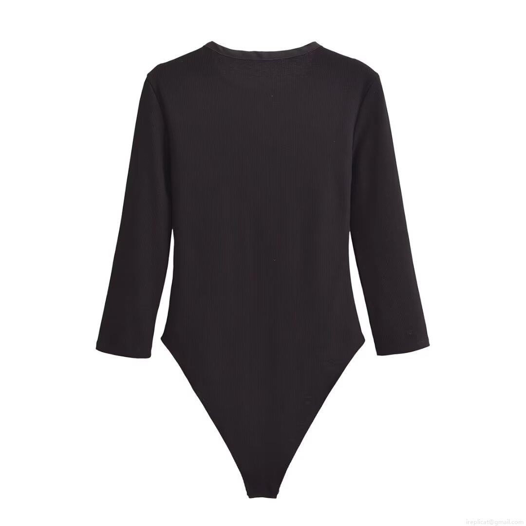 Women's Ribbed Knit Long Sleeve Bodysuit Sexy Slim Fit Round Neck Henley Button Up Jumpsuit Solid Color Streetwear Leotard Top For Daily Casual Wear
