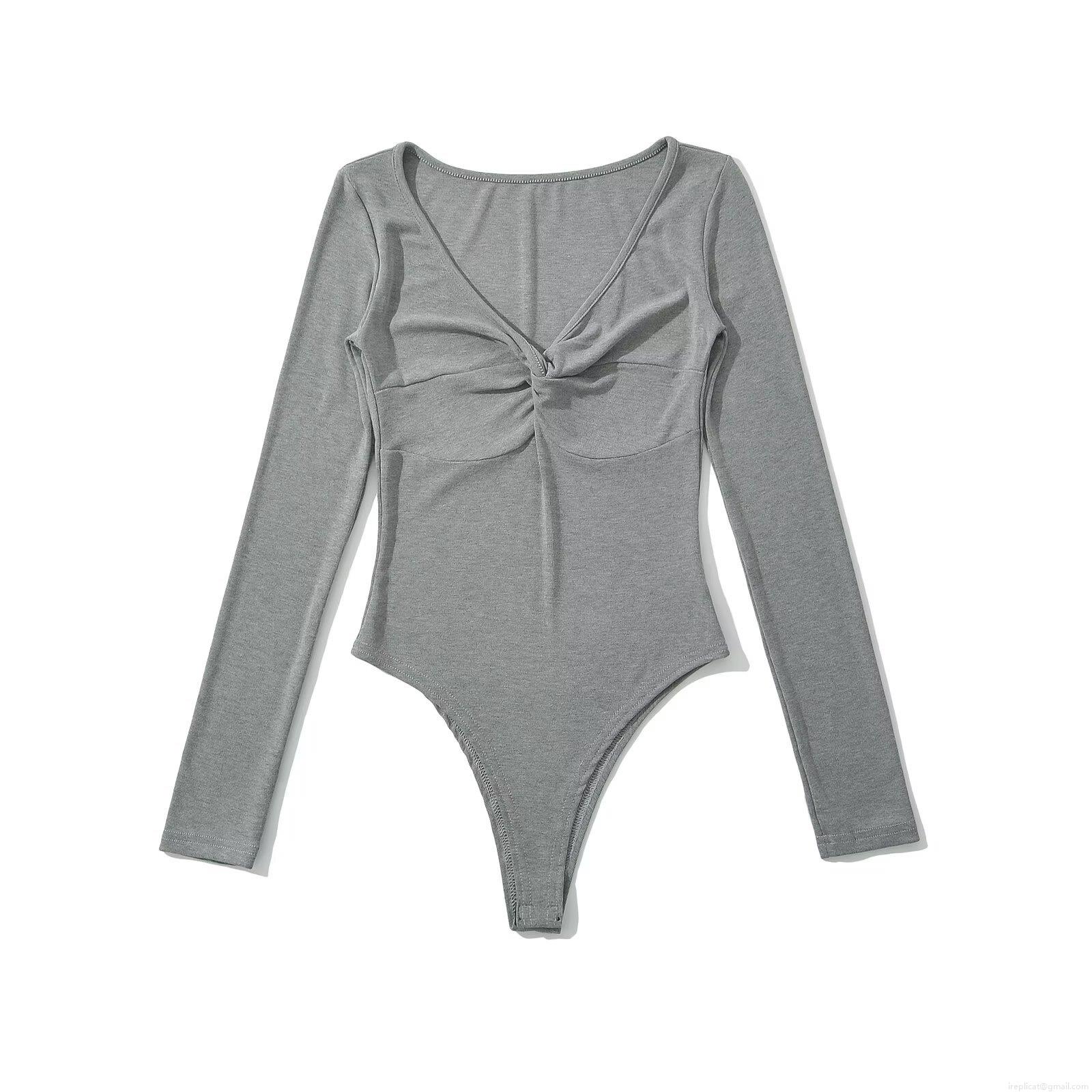 Women's Sexy Deep V Neck Long Sleeve Bodysuit With Twist Front Knotted Design Slim Fit Solid Color Polyester Ribbed Knit Jumpsuit Romper For Clubwear Party Casual Tops