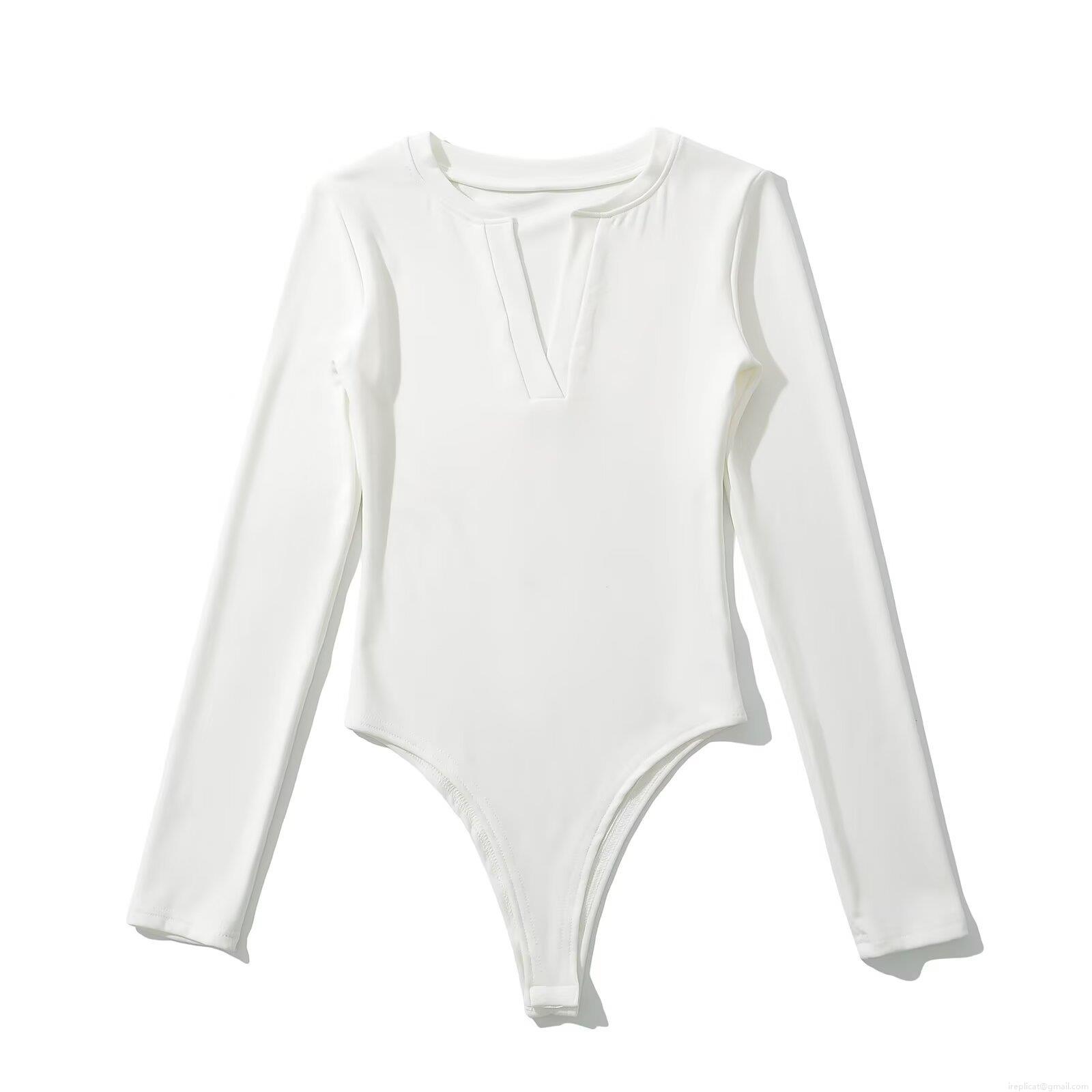 Women's Sexy Deep V Neck Long Sleeve Bodysuit Solid Color Ribbed Knit Slim Fit Jumpsuit Top Leotard For Casual Party Daily Clubwear