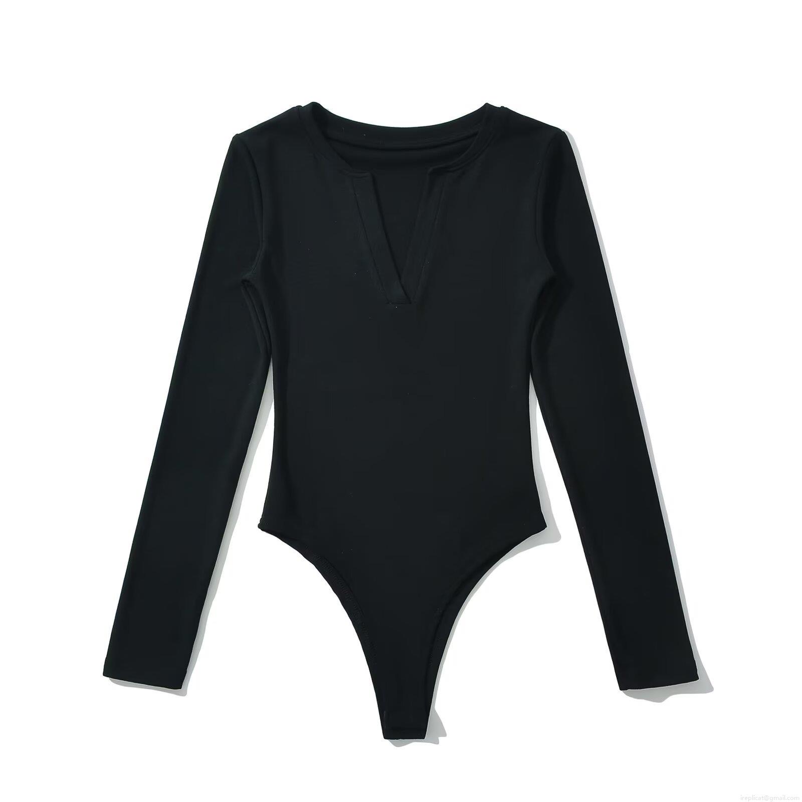 Women's Sexy Deep V Neck Long Sleeve Bodysuit Solid Color Ribbed Knit Slim Fit Jumpsuit Top Leotard For Casual Party Daily Clubwear