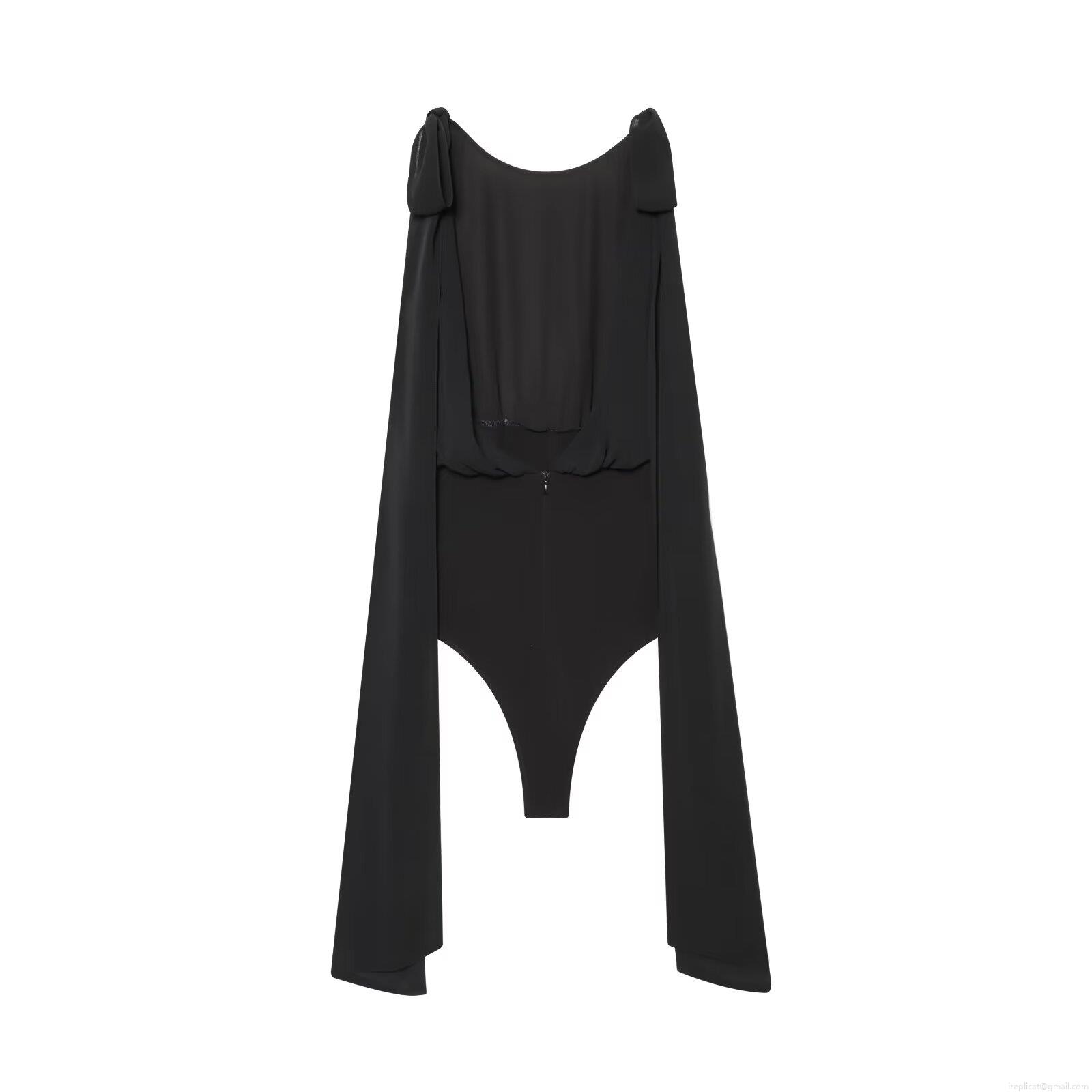 Women's Sexy Black Mesh Splicing Bodysuit Pleated Sleeveless Bow Decor Polyester Spandex Body Jumpsuit Top For Party Evening Clubwear Ladies