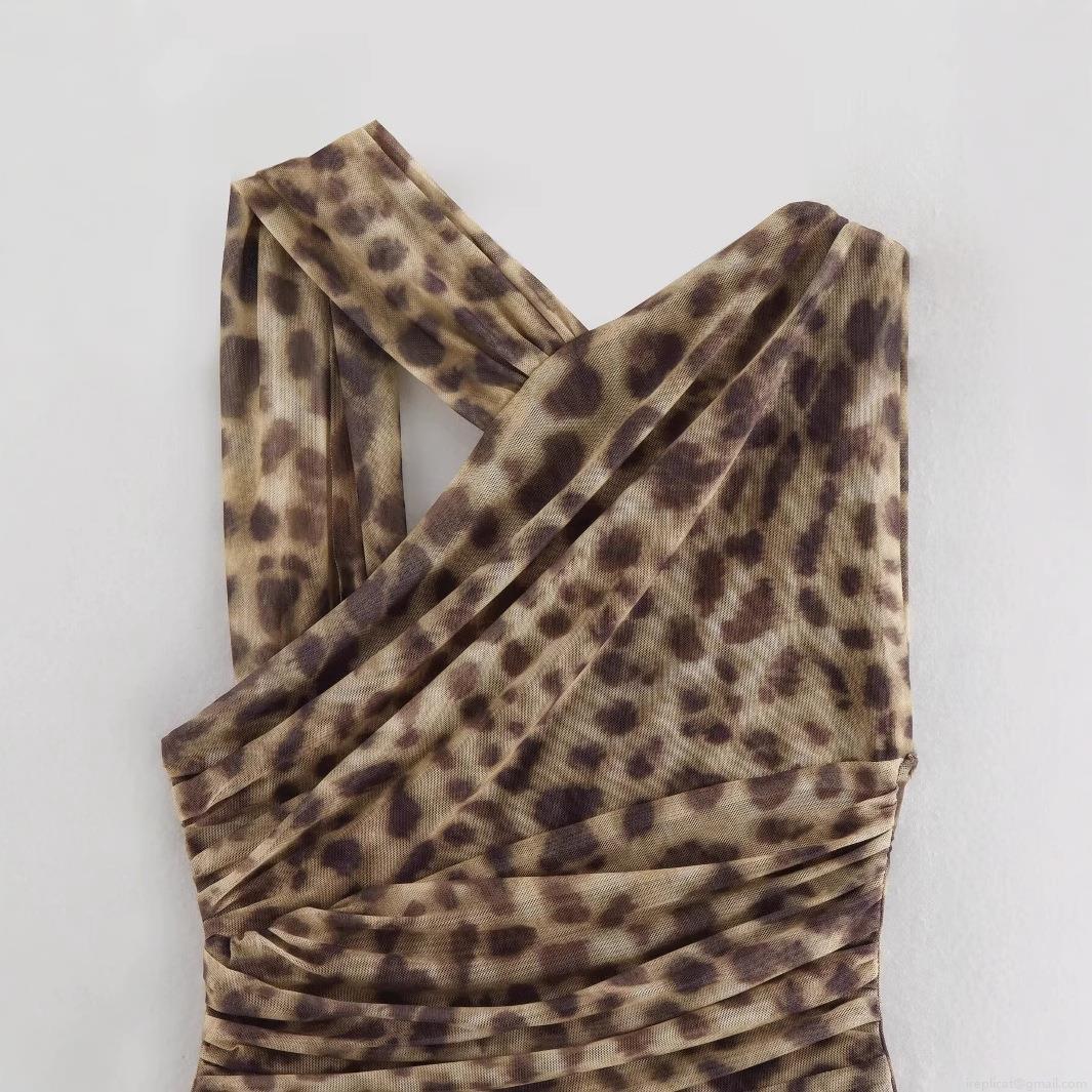 Women's Sexy Leopard Print One Shoulder Bodysuit Ruched Mesh Polyester Sleeveless Jumpsuit Clubwear Party Top