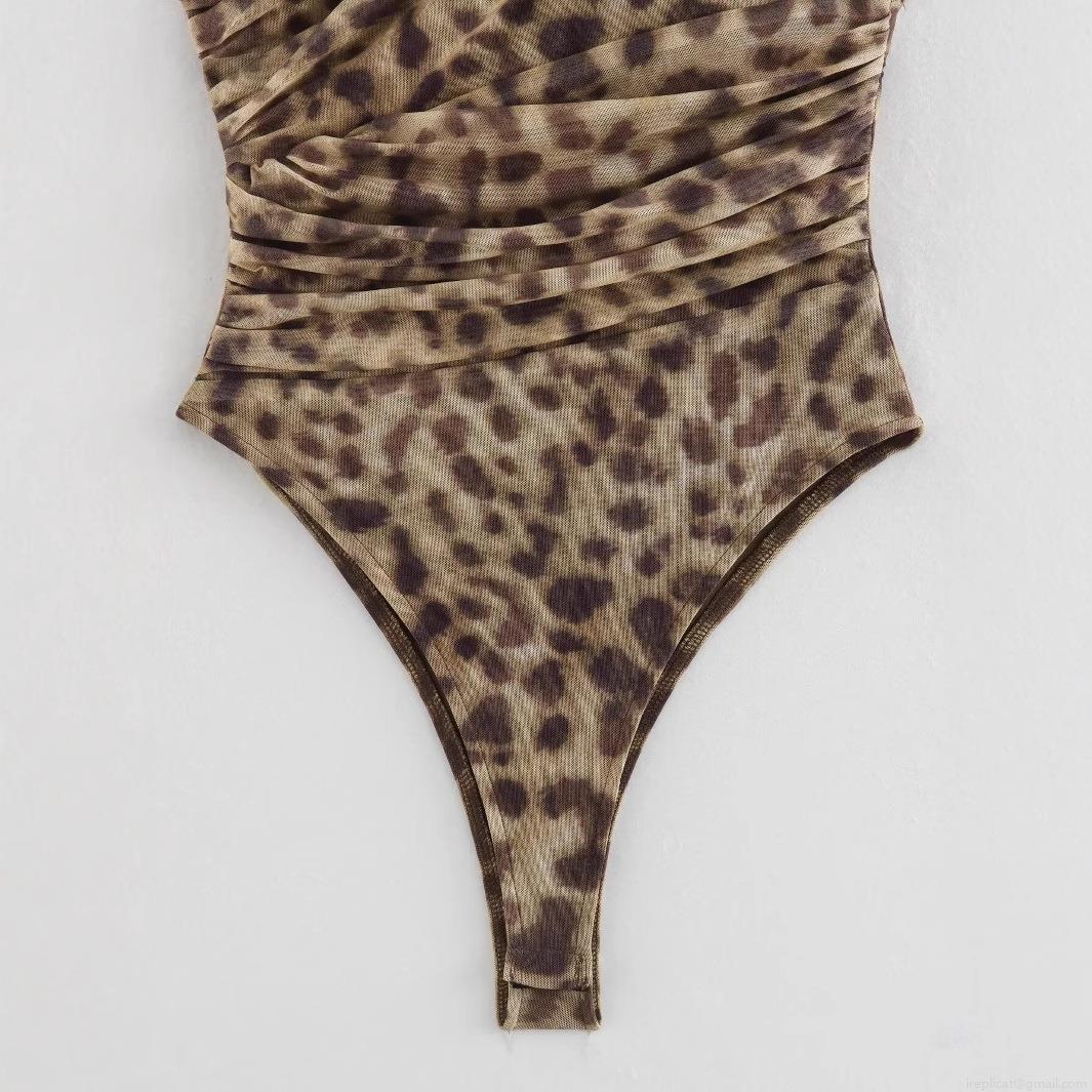 Women's Sexy Leopard Print One Shoulder Bodysuit Ruched Mesh Polyester Sleeveless Jumpsuit Clubwear Party Top