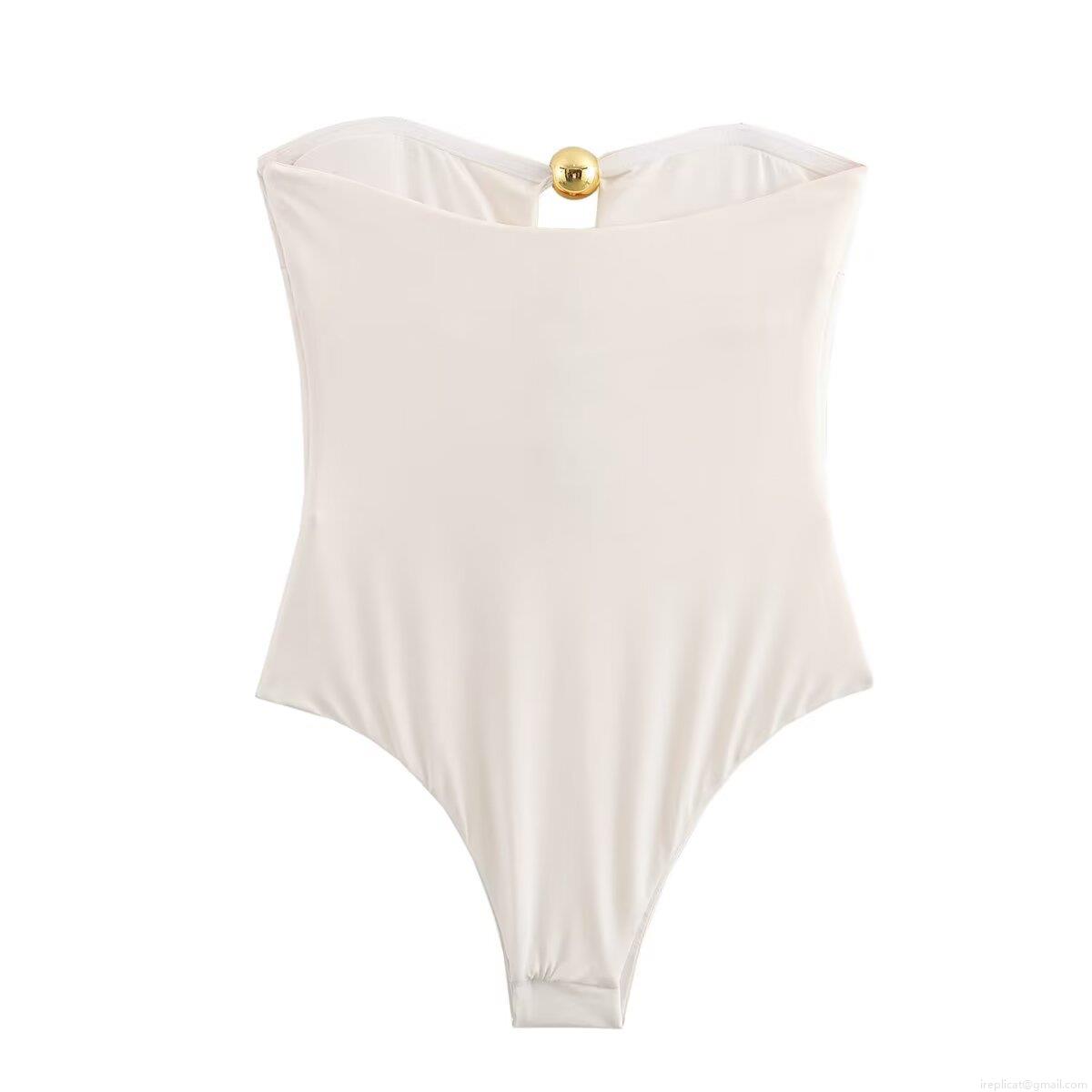 Women Strapless Off Shoulder Bodysuit With Gold Metal Balls Sleeveless Cut Out Pleated Slim Fit Jumpsuit For Party Club Summer Streetwear