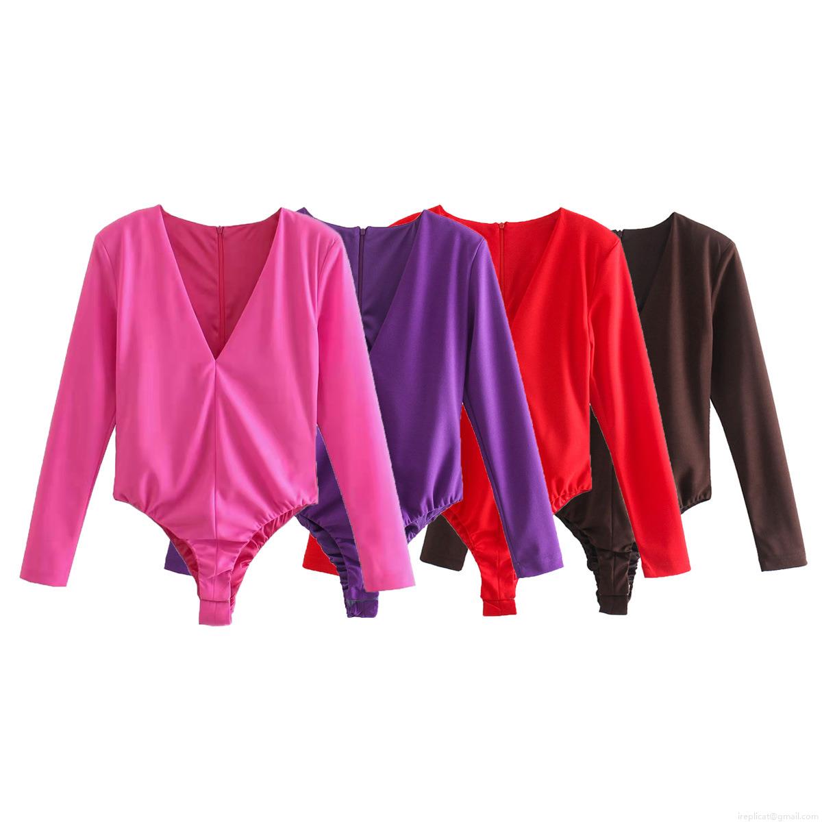 Women's Sexy Long Sleeve Deep V-Neck Bodysuit Slim Fit Shoulder Pad Jumpsuit Solid Color Polyester Elastane One Piece Top For Party Clubwear Night Out