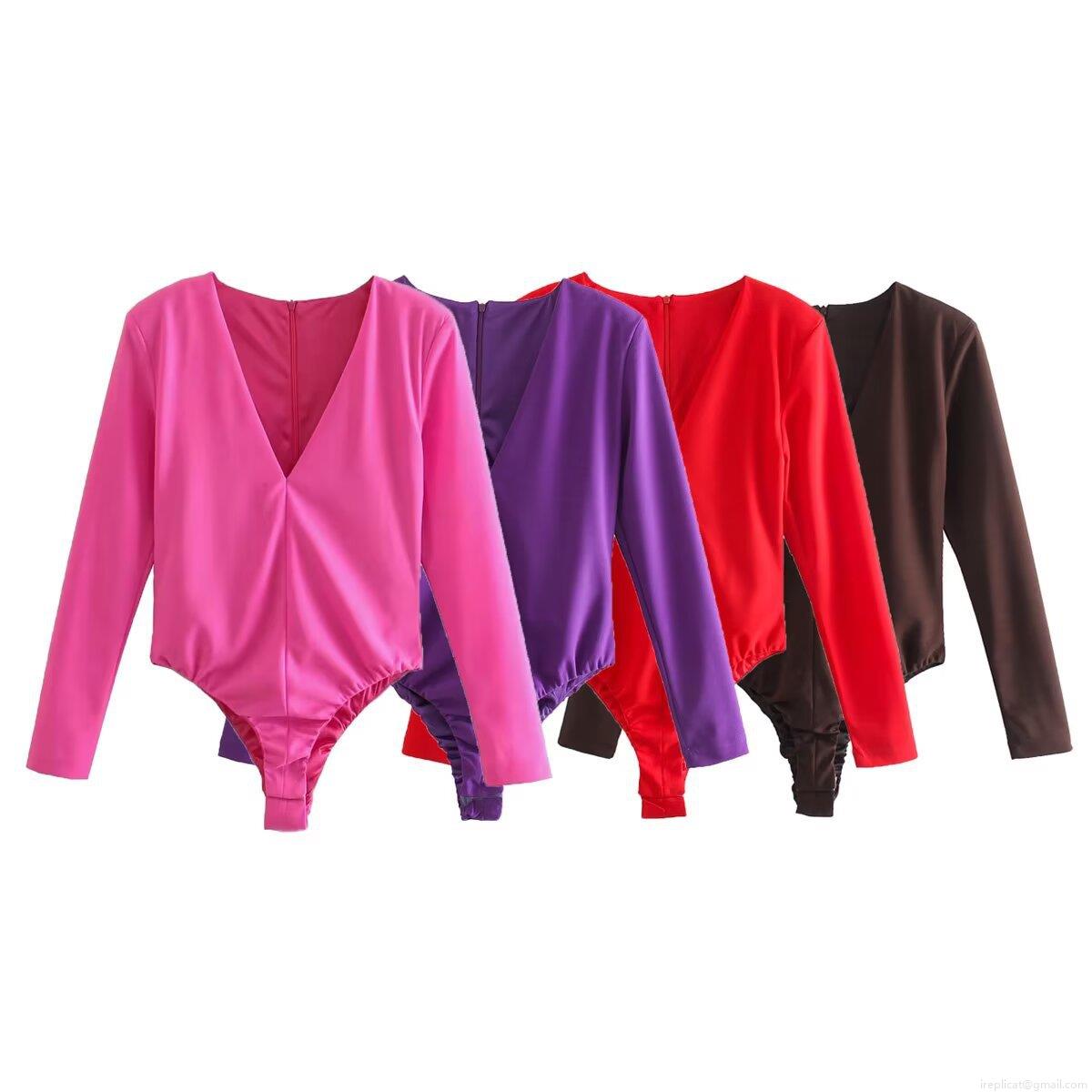 Women's Sexy Deep V-Neck Long Sleeve Bodysuit Elegant Solid Color Shoulder Pad Tight Fit Jumpsuit With Back Zipper For Party Nightclub Daily Clubwear
