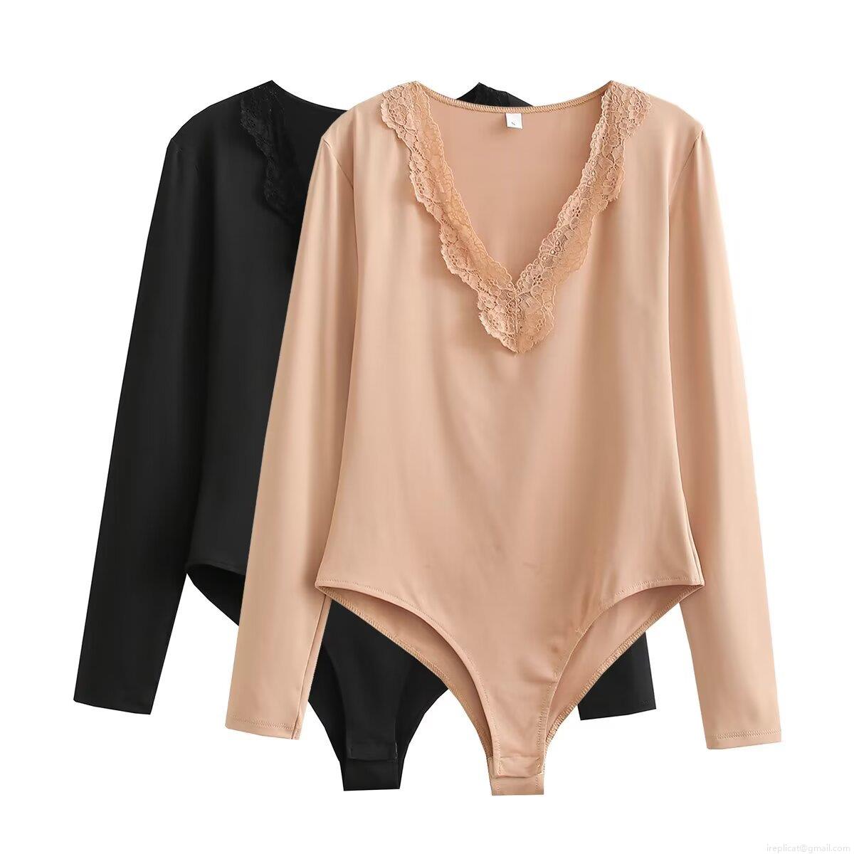 Women's Elegant V Neck Lace Trim Long Sleeve Bodysuit Polyester Elastane Slim Fit Jumpsuit Top For Daily Party Casual Wear Ladies Clothing
