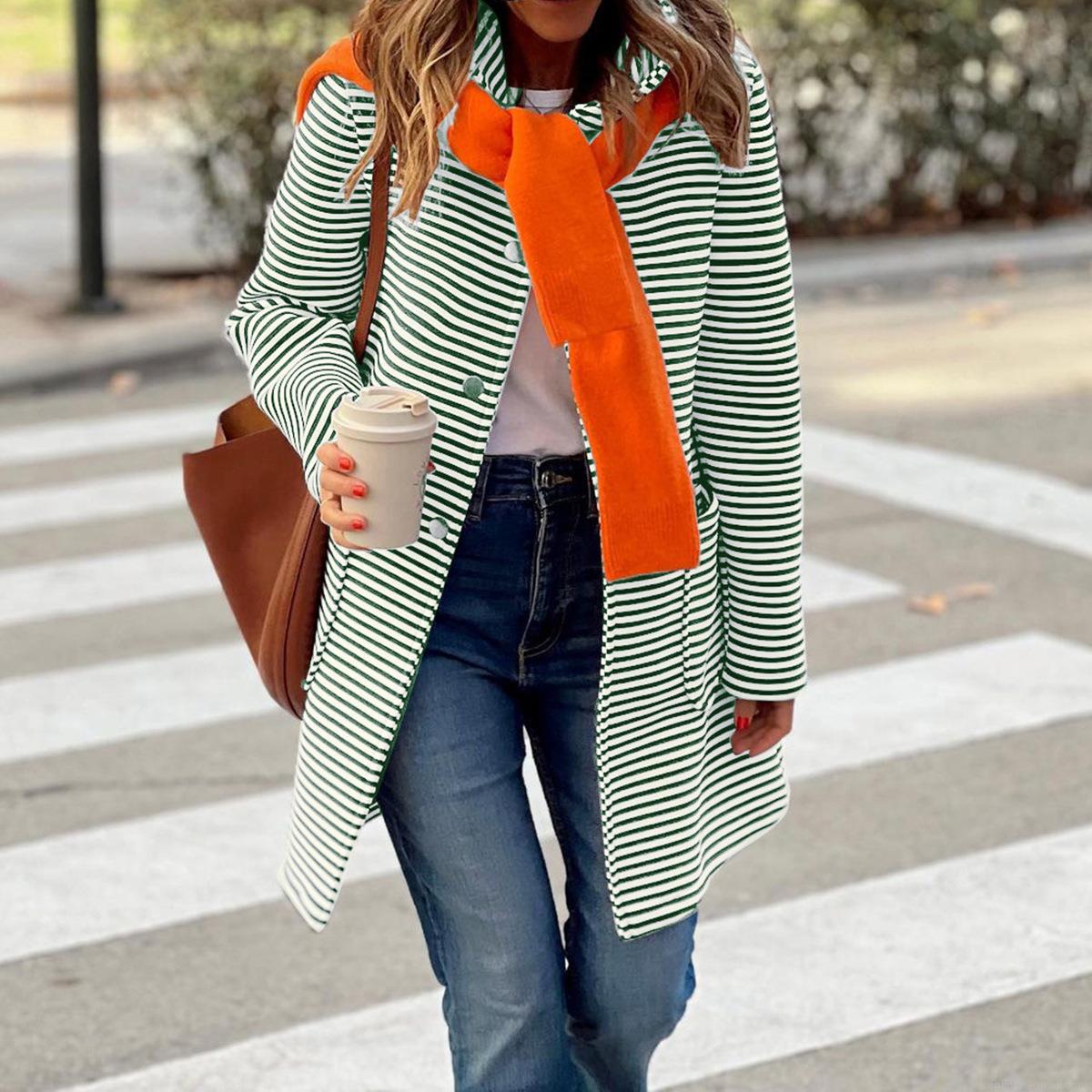 Women's Hooded Striped Cardigan Jacket Casual Polyester Viscose Blend Knitted Snap Button Long Sleeve Coat With Pockets Autumn Winter Outerwear For Women Fashion Comfortable Loose Fit Outwear