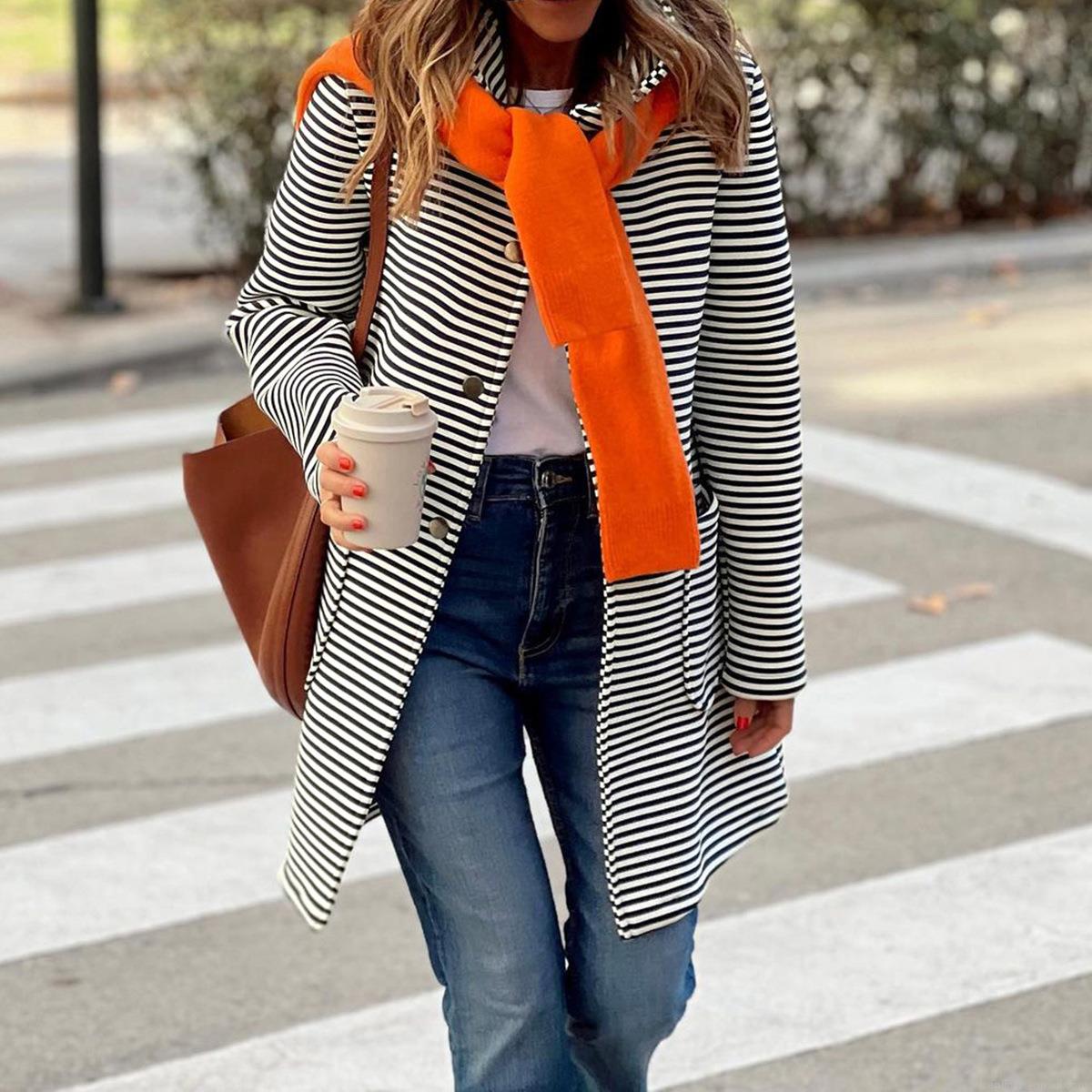 Women's Hooded Striped Cardigan Jacket Casual Polyester Viscose Blend Knitted Snap Button Long Sleeve Coat With Pockets Autumn Winter Outerwear For Women Fashion Comfortable Loose Fit Outwear