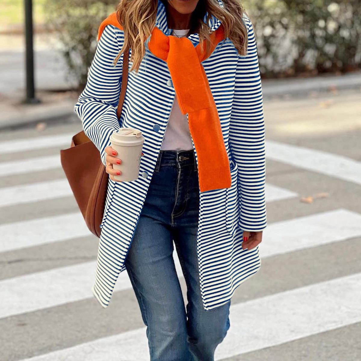 Women's Hooded Striped Cardigan Jacket Casual Polyester Viscose Blend Knitted Snap Button Long Sleeve Coat With Pockets Autumn Winter Outerwear For Women Fashion Comfortable Loose Fit Outwear