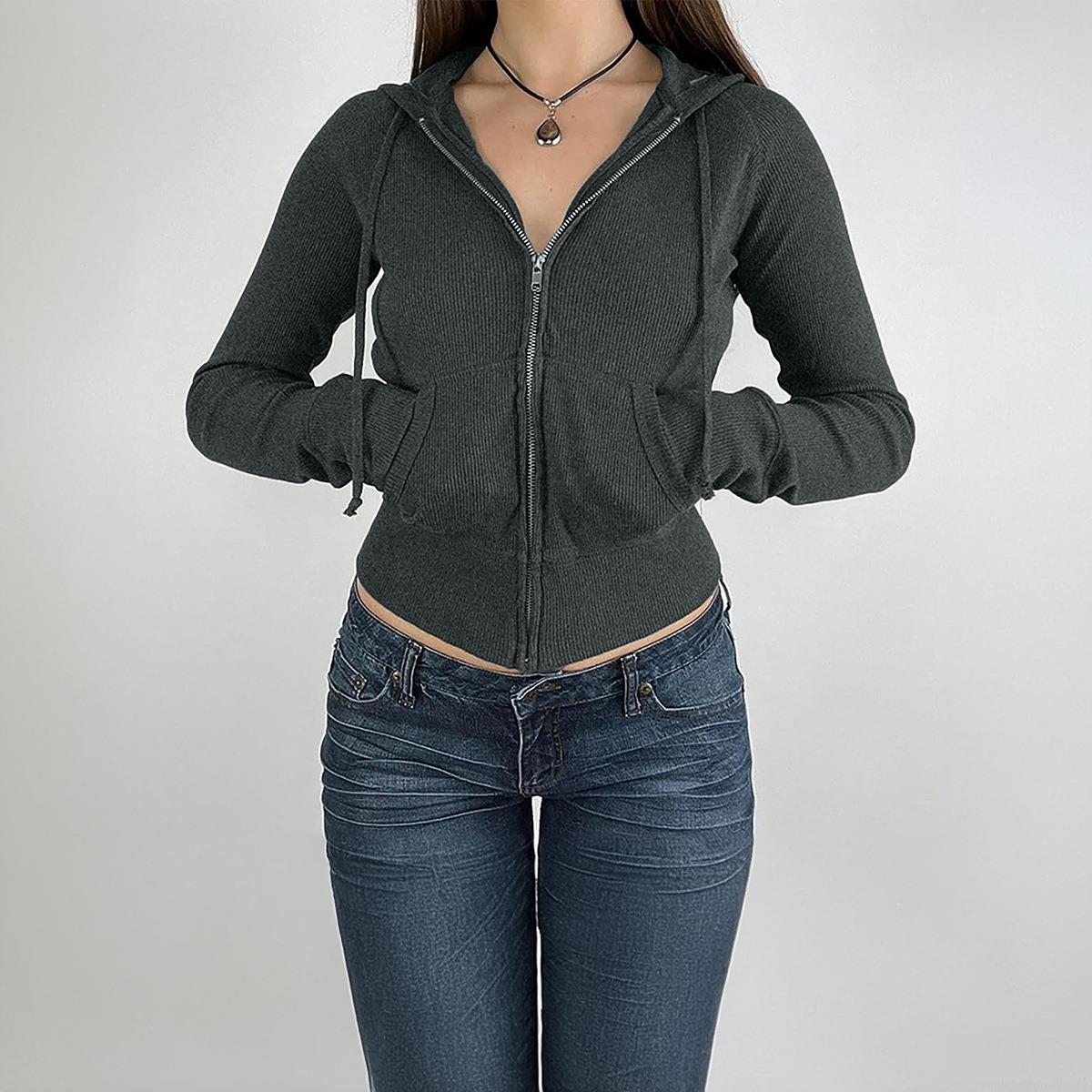 Women's Ribbed Knit Zip Up Hoodie Slim Fit Cropped Jacket Viscose Elastane Blend Long Sleeve Hooded Sweatshirt For Casual Streetwear Women