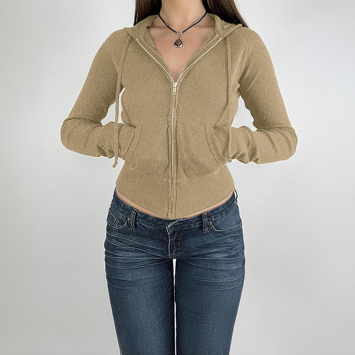 Women's Ribbed Knit Zip Up Hoodie Slim Fit Cropped Jacket Viscose Elastane Blend Long Sleeve Hooded Sweatshirt For Casual Streetwear Women