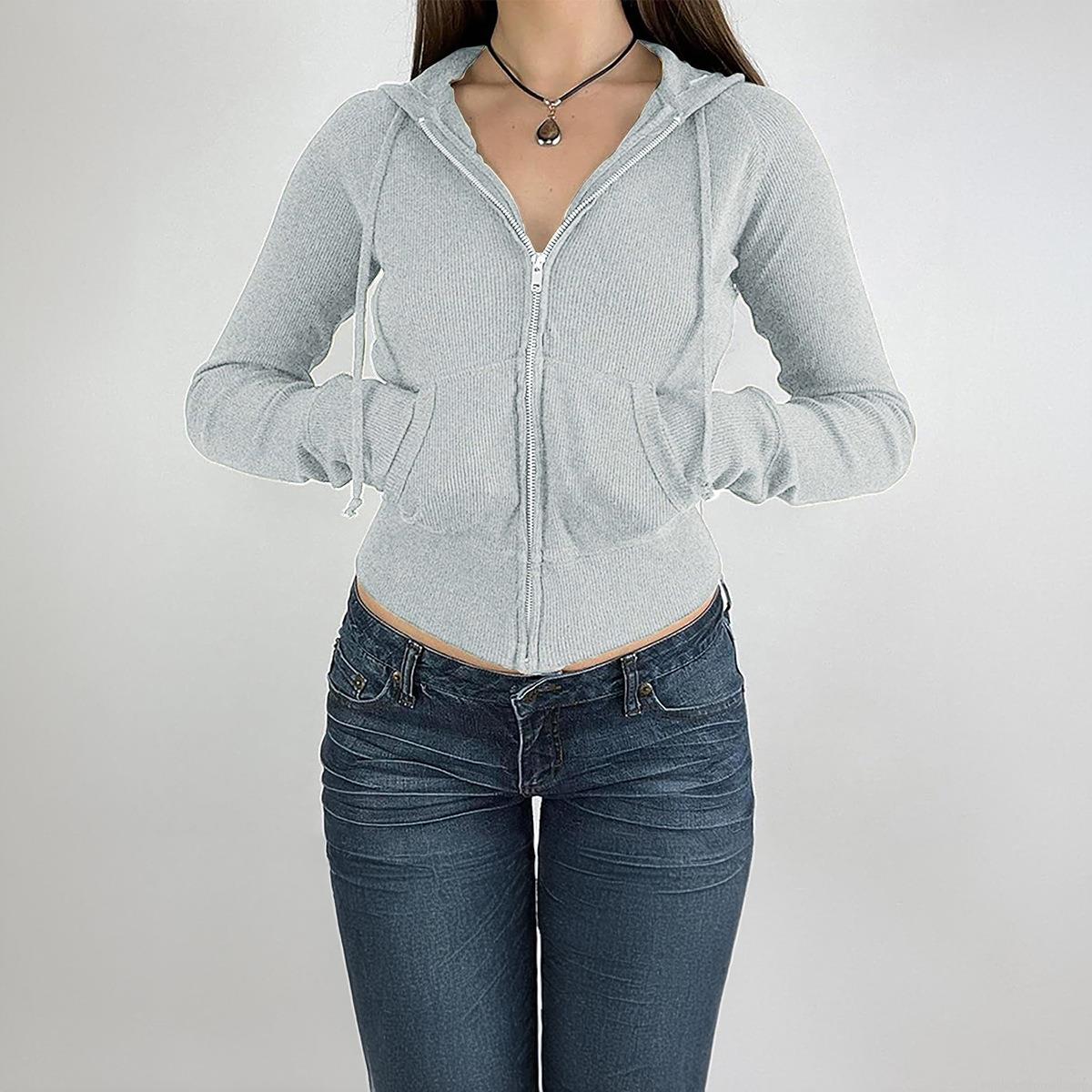Women's Ribbed Knit Zip Up Hoodie Slim Fit Cropped Jacket Viscose Elastane Blend Long Sleeve Hooded Sweatshirt For Casual Streetwear Women