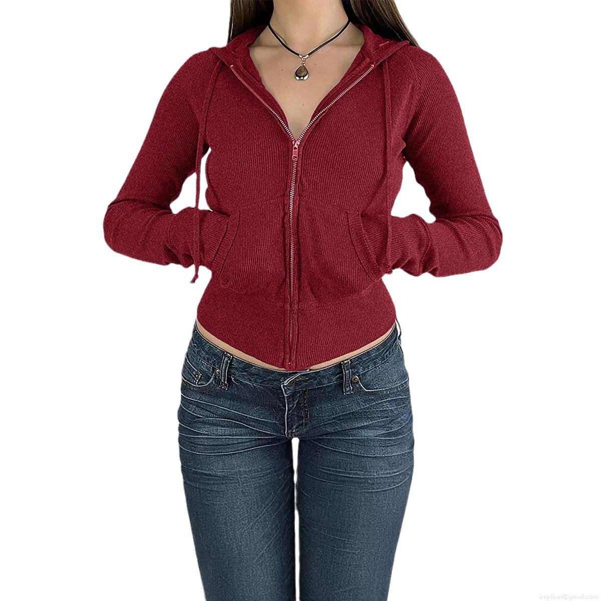 Women's Ribbed Knit Zip Up Hoodie Slim Fit Cropped Jacket Viscose Elastane Blend Long Sleeve Hooded Sweatshirt For Casual Streetwear Women