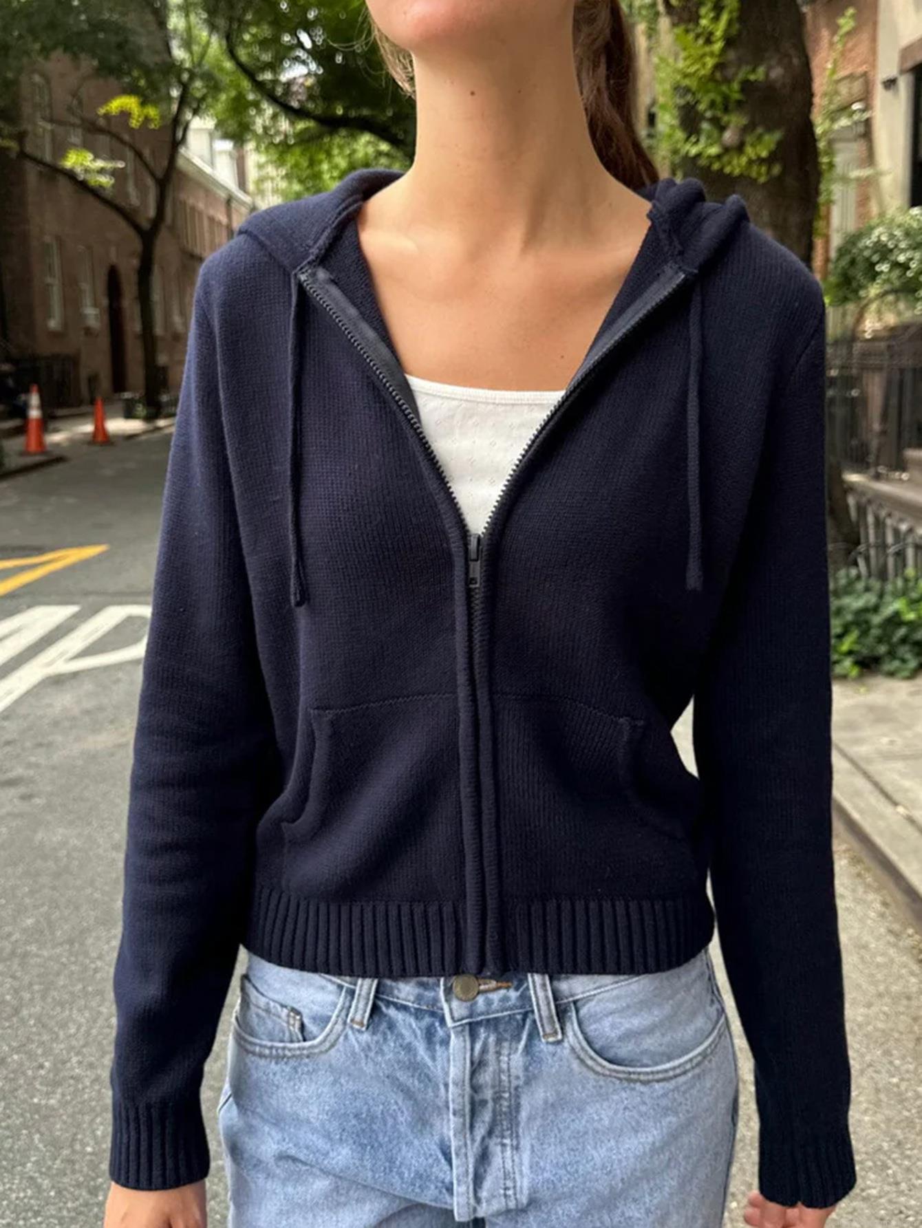 Women's Knitted Zip Up Hoodie Long Sleeve Viscose Blend Sweatshirt Solid Color Hooded Cardigan Jacket With Pockets Casual Autumn Winter Streetwear For Women