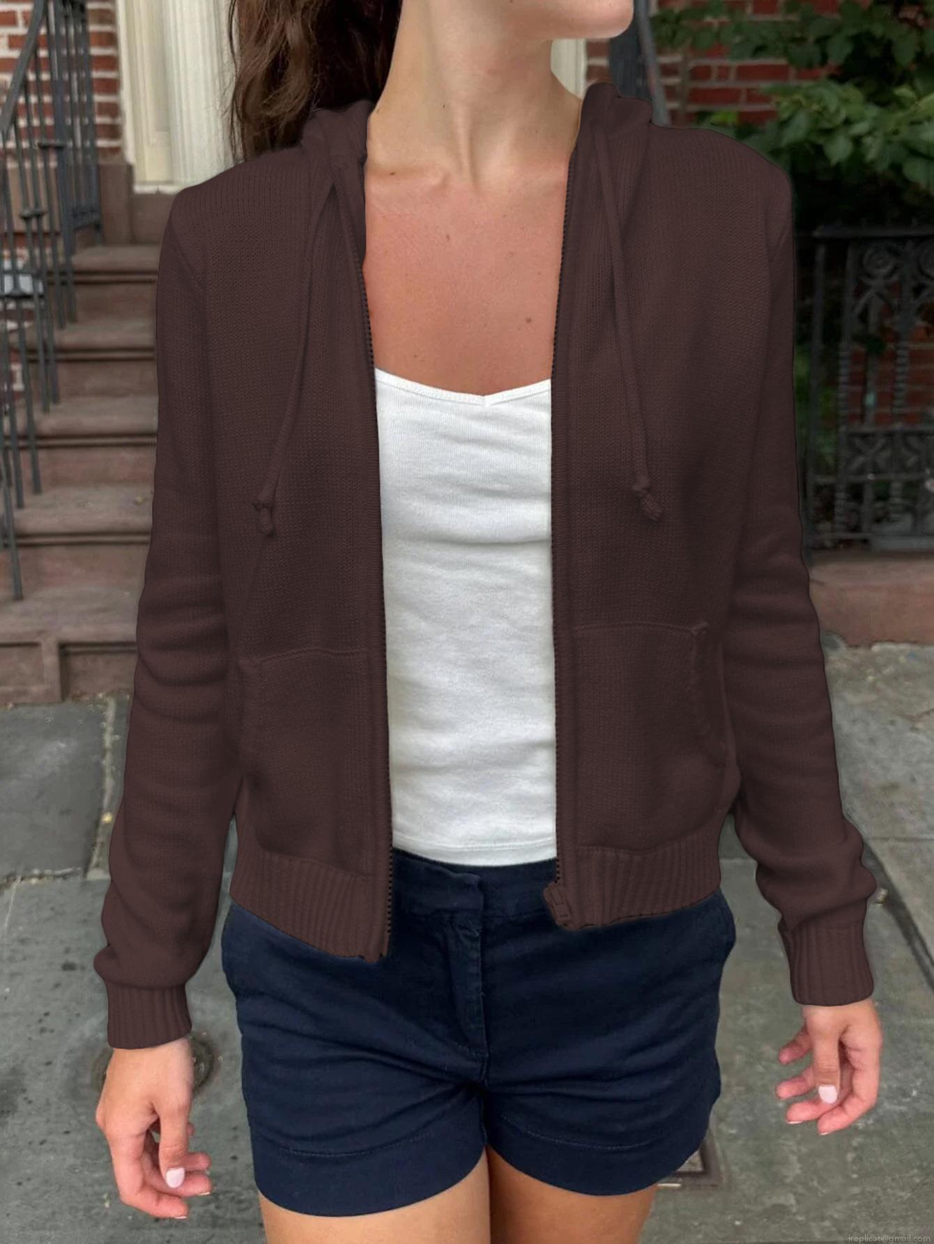 Women's Knitted Zip Up Hoodie Long Sleeve Viscose Blend Sweatshirt Solid Color Hooded Cardigan Jacket With Pockets Casual Autumn Winter Streetwear For Women