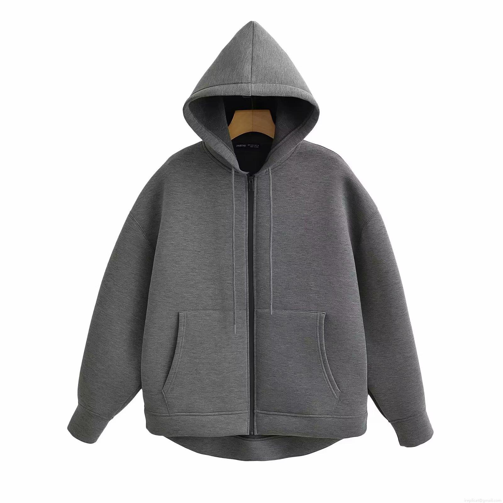 Women Streetwear Asymmetric Hem Hooded Sweatshirt Cotton Polyester Air Layer Zip-up Cardigan Casual Loose Hoodie Jacket With Pocket For Spring Fall