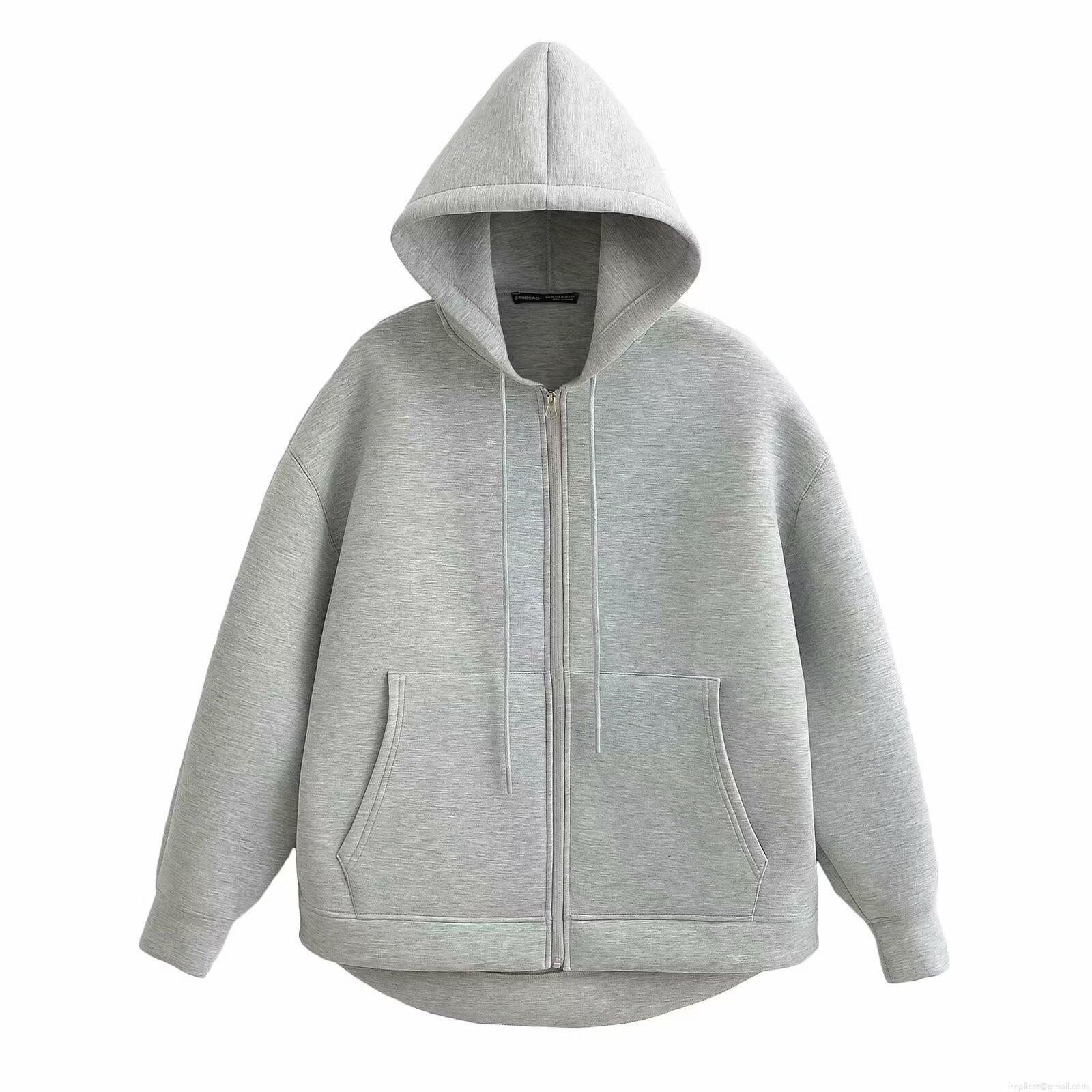 Women Streetwear Asymmetric Hem Hooded Sweatshirt Cotton Polyester Air Layer Zip-up Cardigan Casual Loose Hoodie Jacket With Pocket For Spring Fall