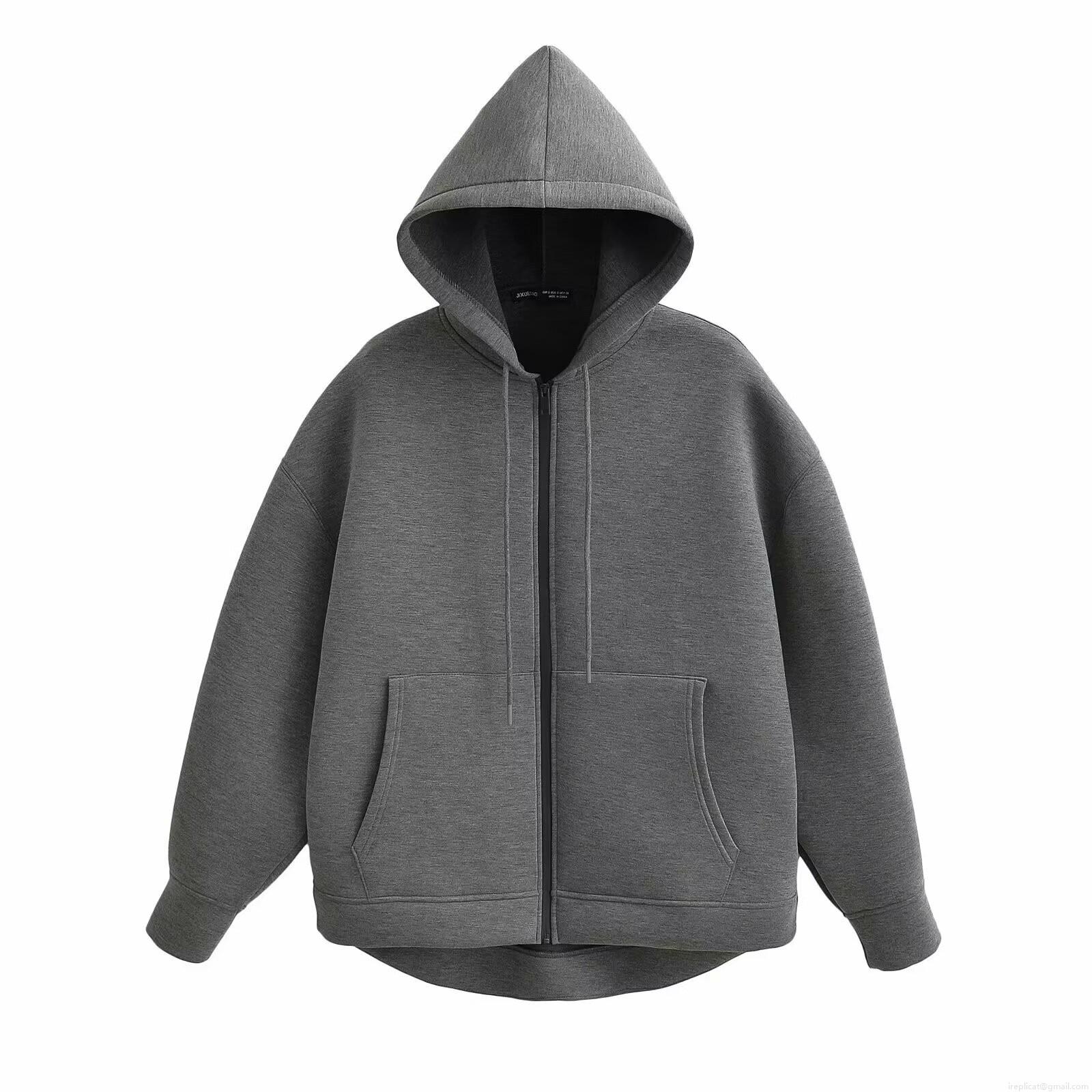 Women Streetwear Asymmetric Hem Hooded Sweatshirt Cotton Polyester Air Layer Zip-up Cardigan Casual Loose Hoodie Jacket With Pocket For Spring Fall