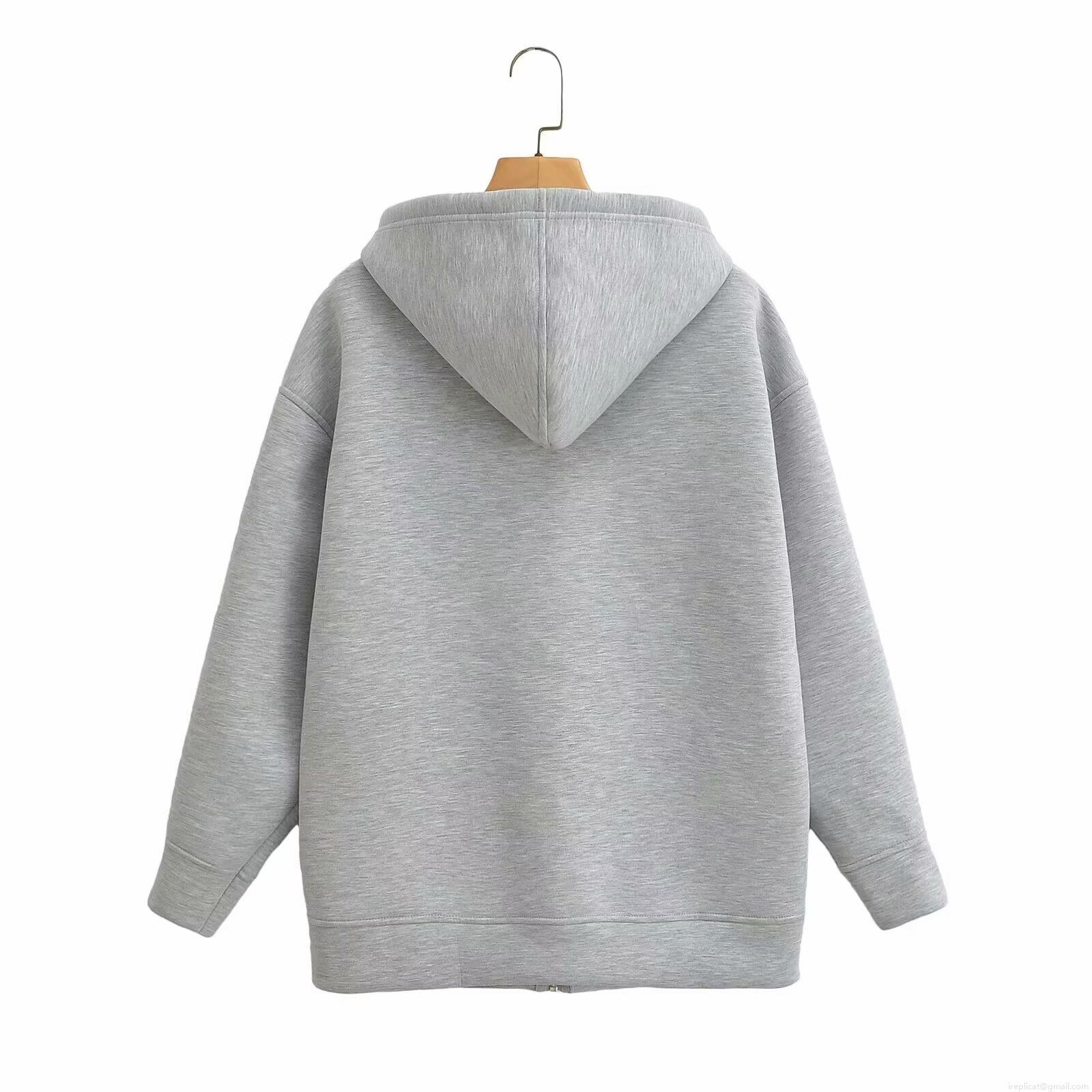 Women's Autumn Fashion Mid-Length Space Cotton Hoodie Oversized Zip-Up Hooded Sweatshirt With Pockets Casual Solid Gray Streetwear Jacket