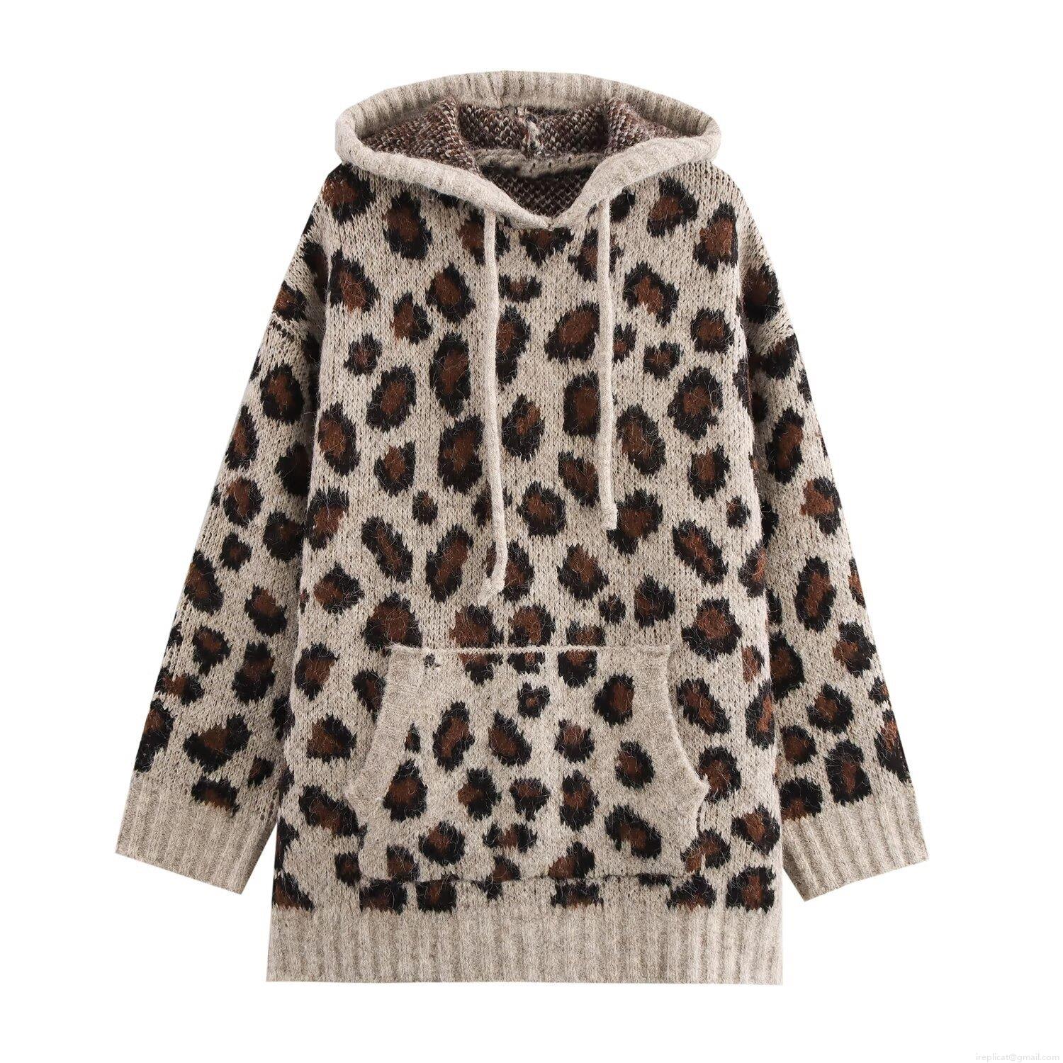Women's Fashion Leopard Animal Print Hooded Sweatshirt Loose Knit Polyester Long Sleeve Hoodie With Kangaroo Pocket Casual Streetwear Pullover Winter Top