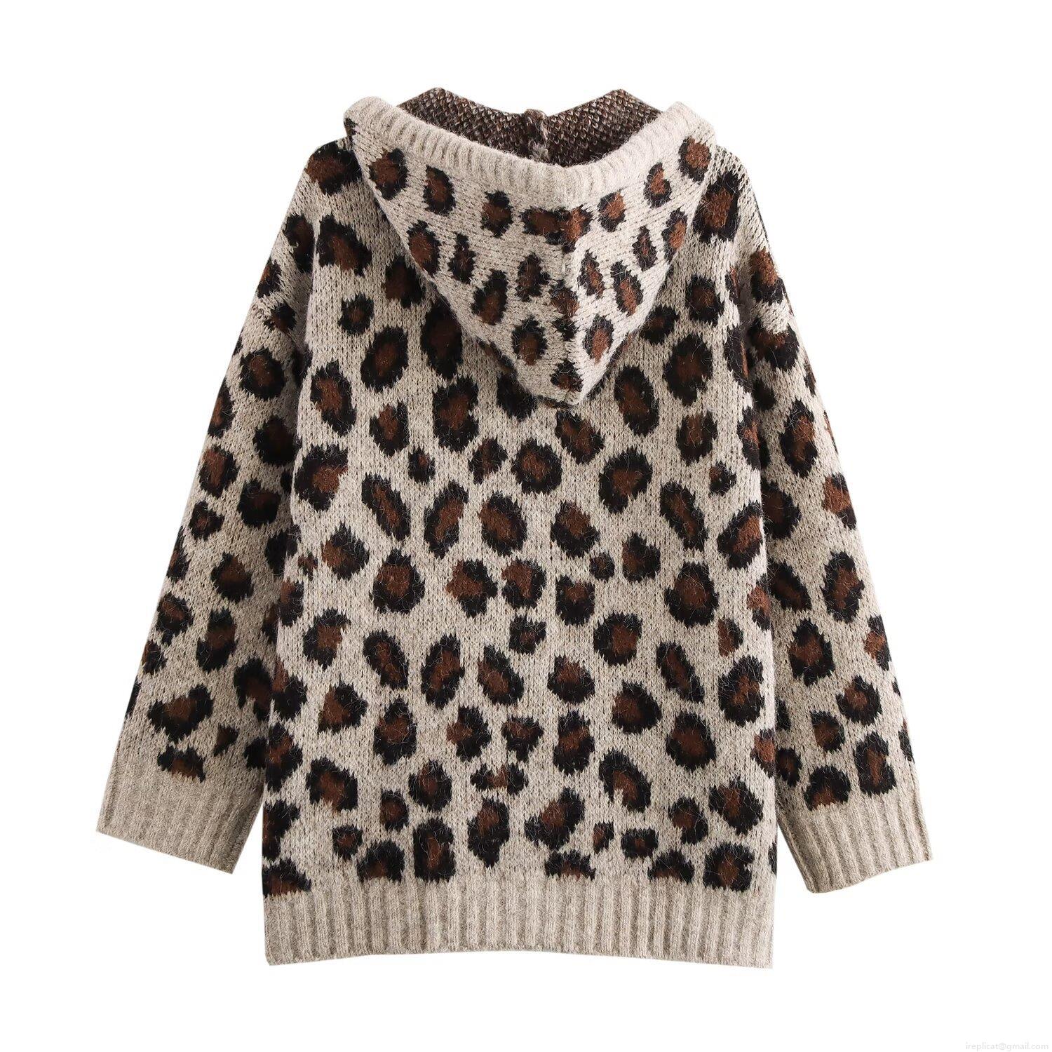 Women's Fashion Leopard Animal Print Hooded Sweatshirt Loose Knit Polyester Long Sleeve Hoodie With Kangaroo Pocket Casual Streetwear Pullover Winter Top