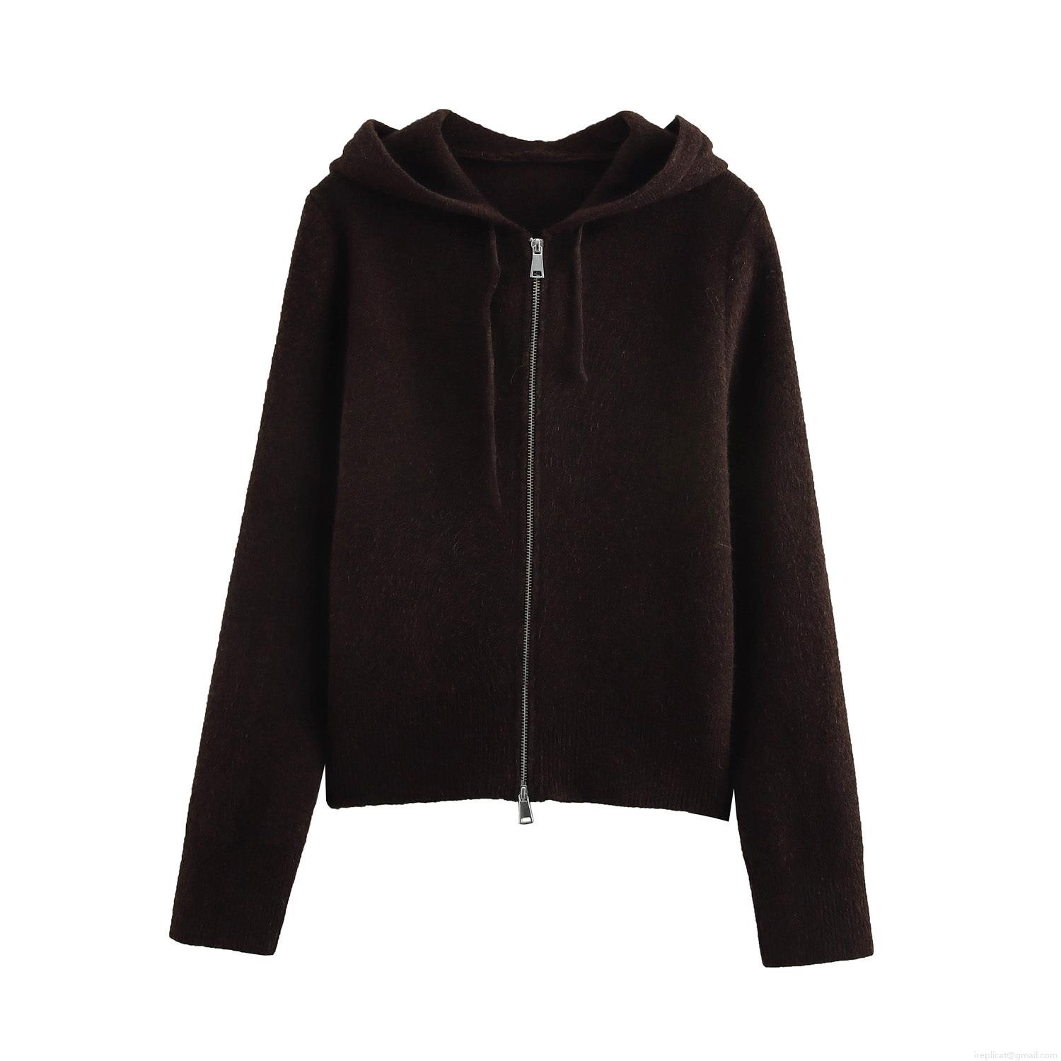 Women's Fashion Knitted Zip-up Hoodie Short Solid Color Long Sleeve Polyester Sweatshirt For Casual Streetwear Western Style Autumn Winter Cardigan