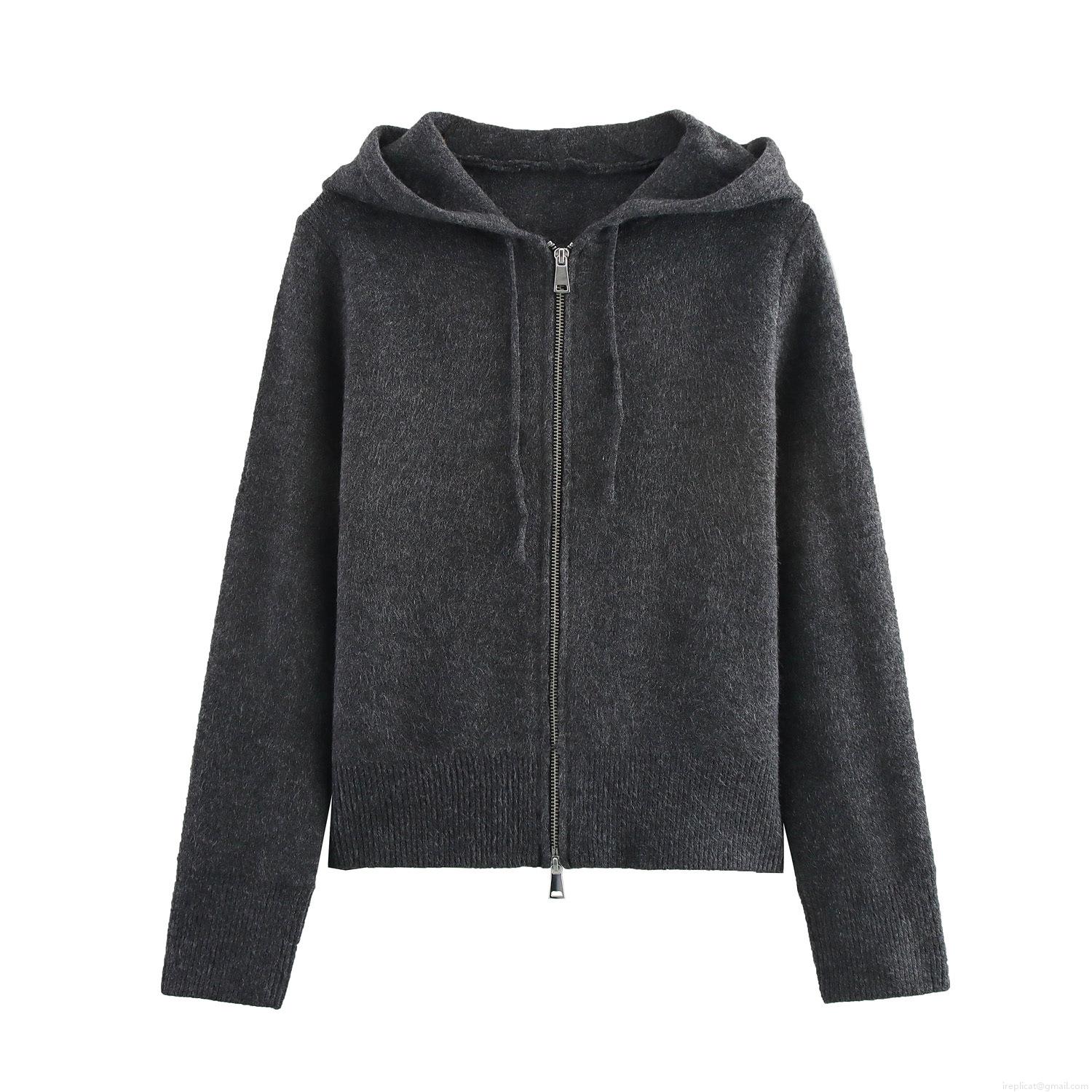 Women's Fashion Knitted Zip-up Hoodie Short Solid Color Long Sleeve Polyester Sweatshirt For Casual Streetwear Western Style Autumn Winter Cardigan