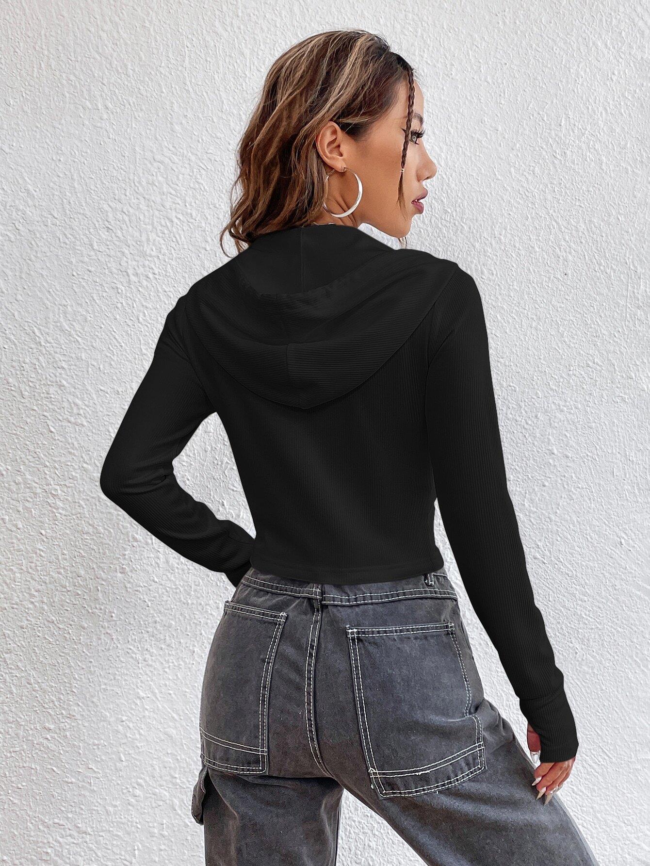 Women's Hooded Zip-Up Knit Top Viscose Polyester Elastane Ribbed Slim Fit Short Cardigan Streetwear Long Sleeve Fall T-Shirt For Women