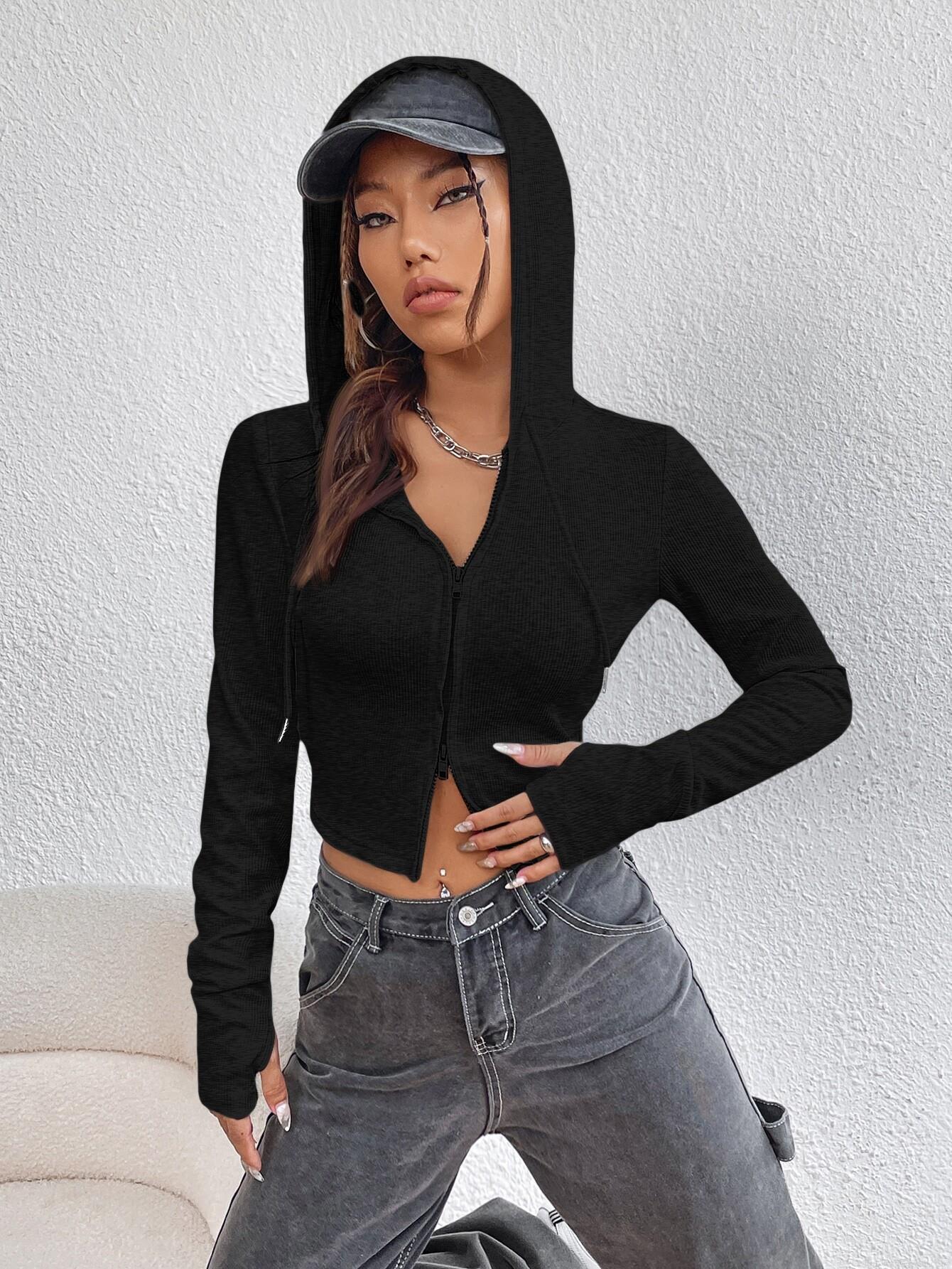 Women's Hooded Zip-Up Knit Top Viscose Polyester Elastane Ribbed Slim Fit Short Cardigan Streetwear Long Sleeve Fall T-Shirt For Women