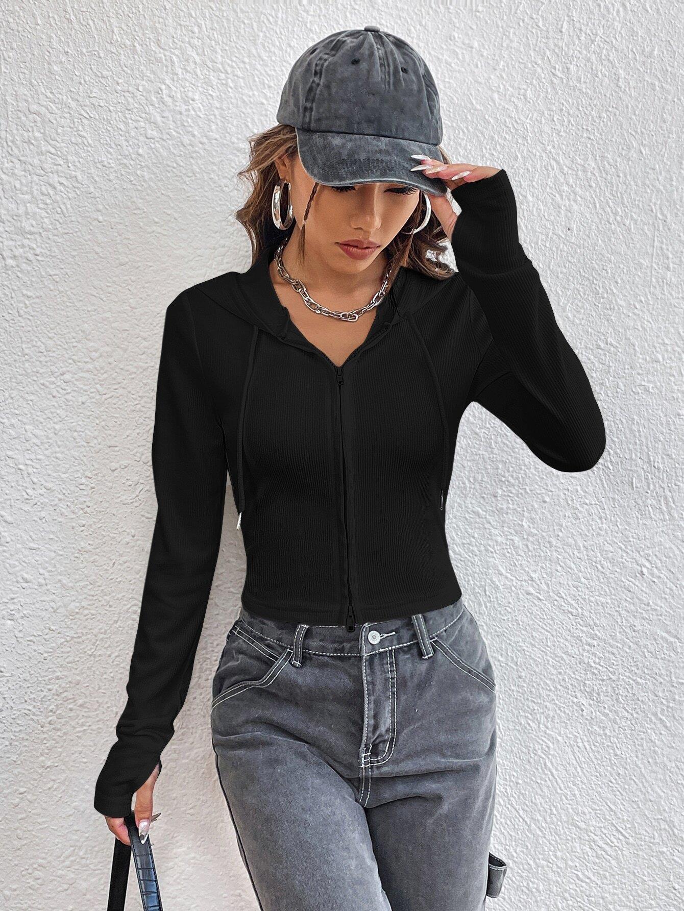 Women's Hooded Zip-Up Knit Top Viscose Polyester Elastane Ribbed Slim Fit Short Cardigan Streetwear Long Sleeve Fall T-Shirt For Women