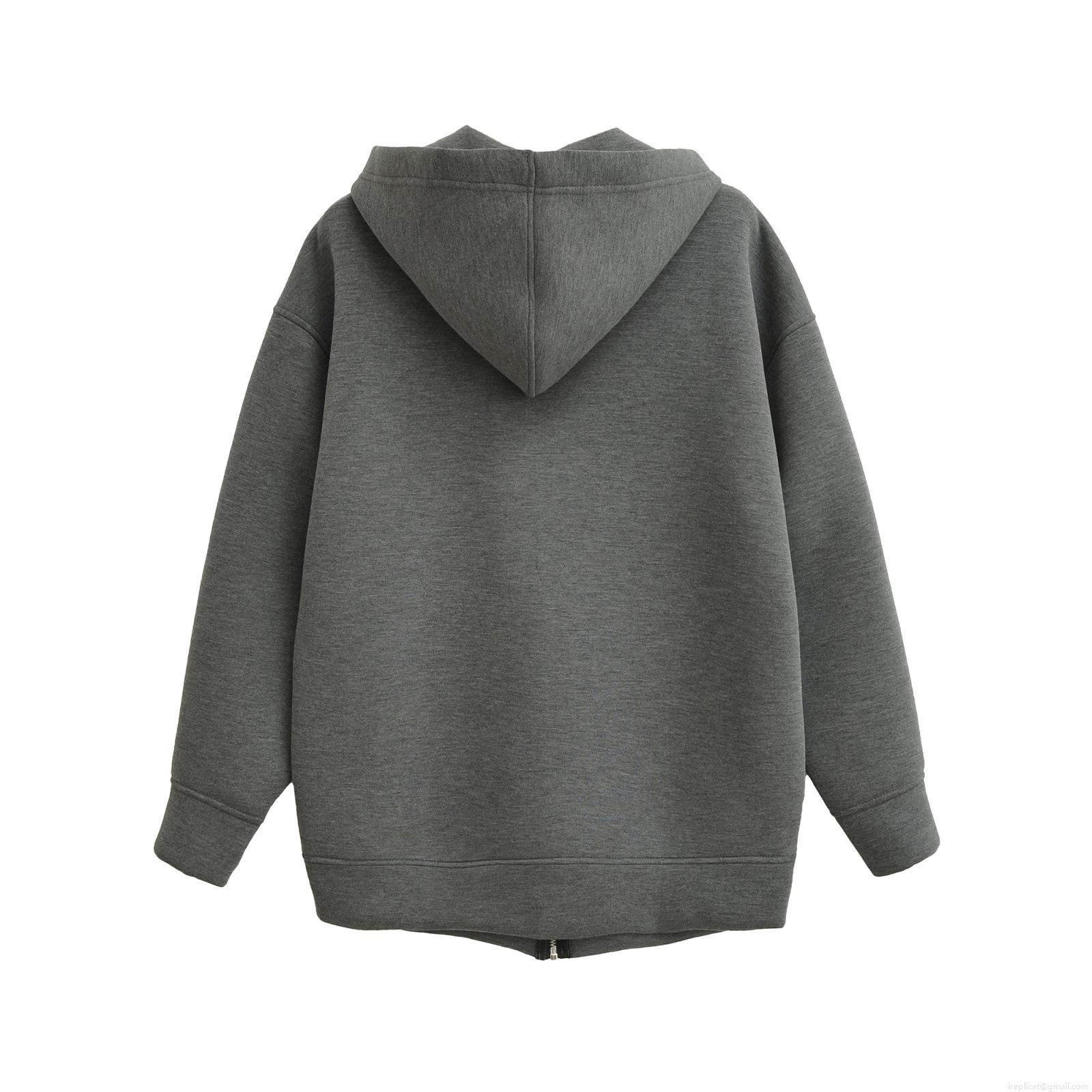 Women's Casual Deep Grey Zip Up Hoodie Loose Fit Long Sleeve Sweatshirt For Daily Streetwear European Style Solid Color Comfortable Outerwear