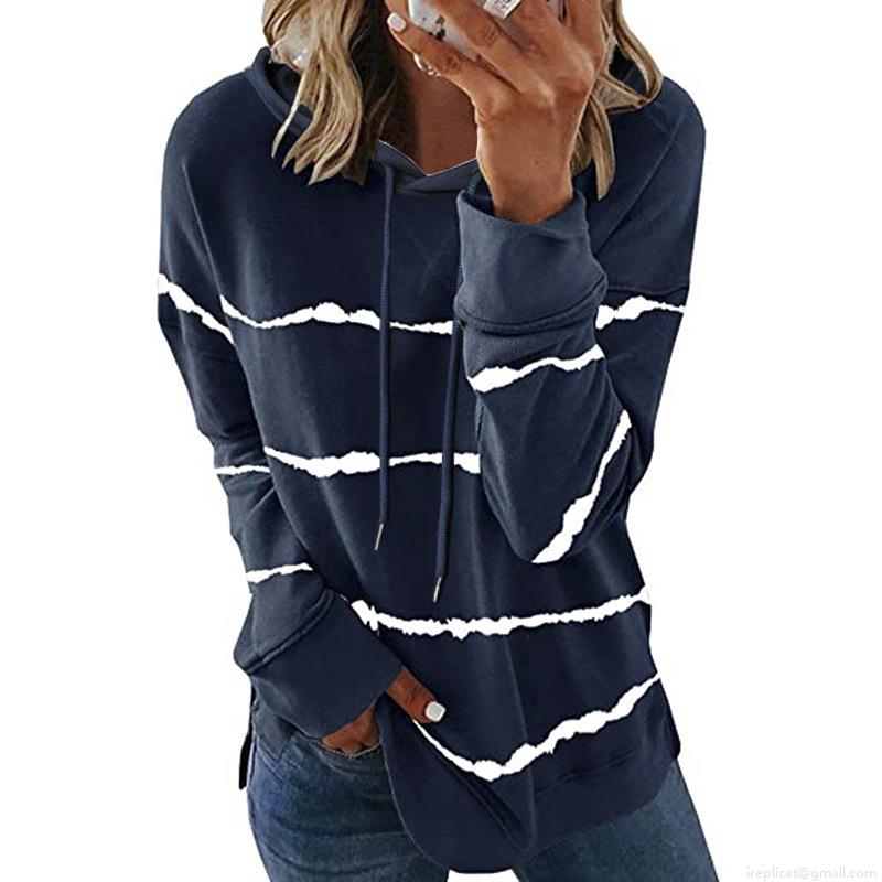 Women's Casual Stripe Print Hooded Sweatshirt Cotton Blend Loose Fit Long Sleeve Hoodie Pullover Top With Side Slit For Autumn Winter Streetwear
