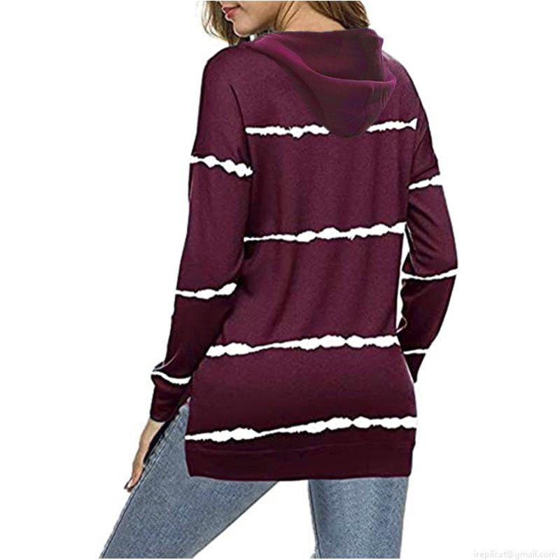 Women's Casual Stripe Print Hooded Sweatshirt Cotton Blend Loose Fit Long Sleeve Hoodie Pullover Top With Side Slit For Autumn Winter Streetwear