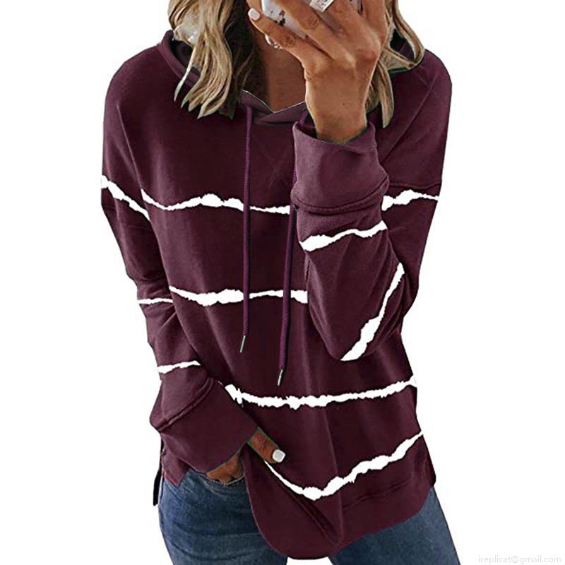 Women's Casual Stripe Print Hooded Sweatshirt Cotton Blend Loose Fit Long Sleeve Hoodie Pullover Top With Side Slit For Autumn Winter Streetwear