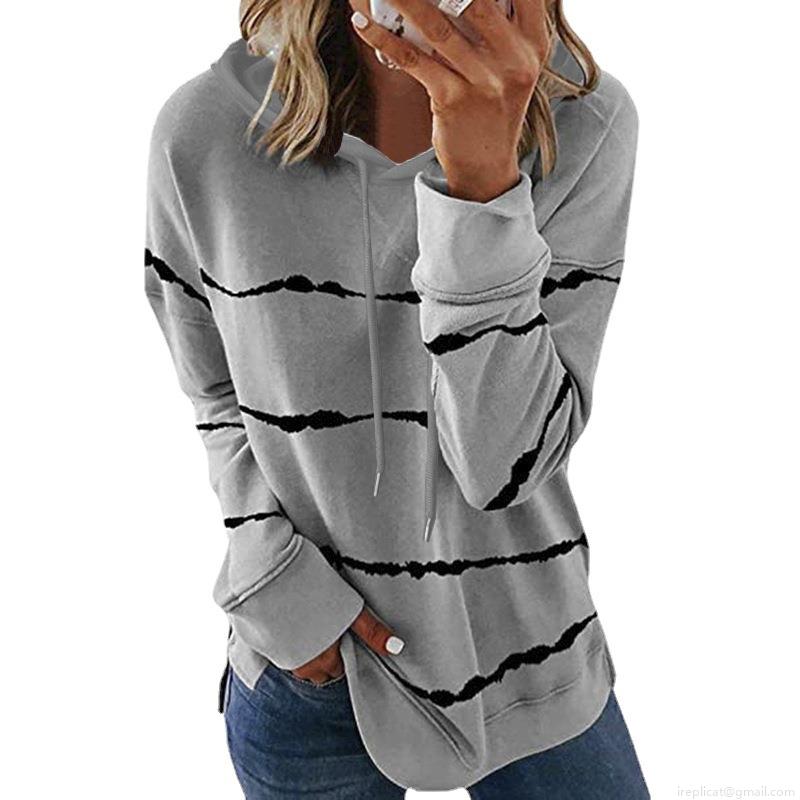 Women's Casual Stripe Print Hooded Sweatshirt Cotton Blend Loose Fit Long Sleeve Hoodie Pullover Top With Side Slit For Autumn Winter Streetwear