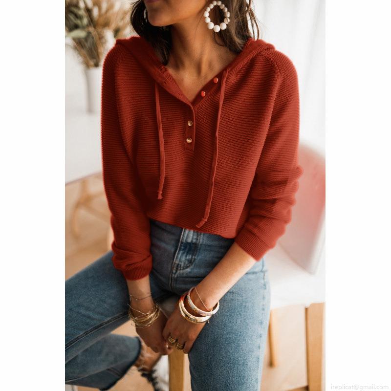 Women's Casual Waffle Knit Hooded Sweatshirt Cotton Blend Loose Fit Button Neck Long Sleeve Pullover Sweater Top For Fall Winter