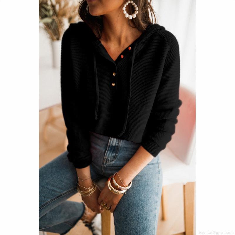 Women's Casual Waffle Knit Hooded Sweatshirt Cotton Blend Loose Fit Button Neck Long Sleeve Pullover Sweater Top For Fall Winter
