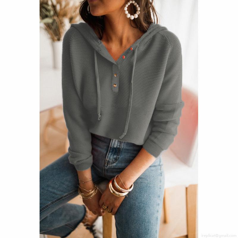 Women's Casual Waffle Knit Hooded Sweatshirt Cotton Blend Loose Fit Button Neck Long Sleeve Pullover Sweater Top For Fall Winter