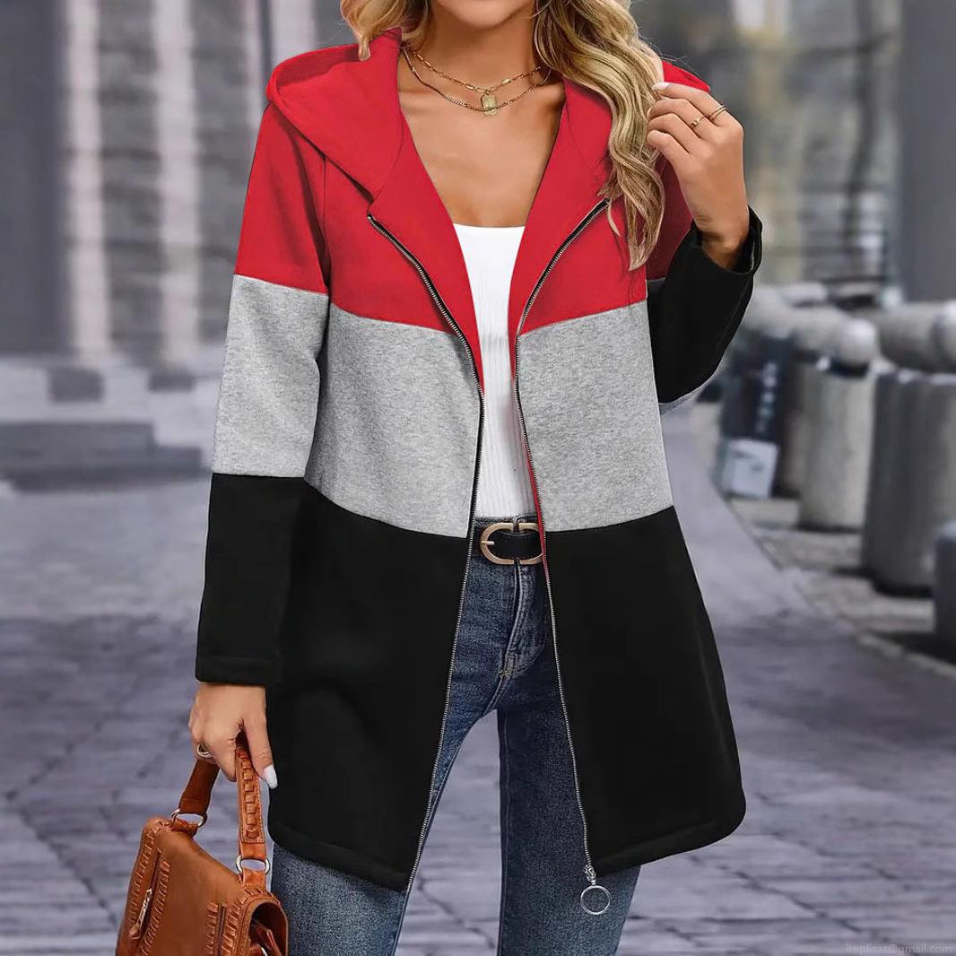 Women's Casual Color Block Hooded Zip-up Cardigan Jacket Loose Mid-length Polyester Spandex Outerwear For Autumn Winter