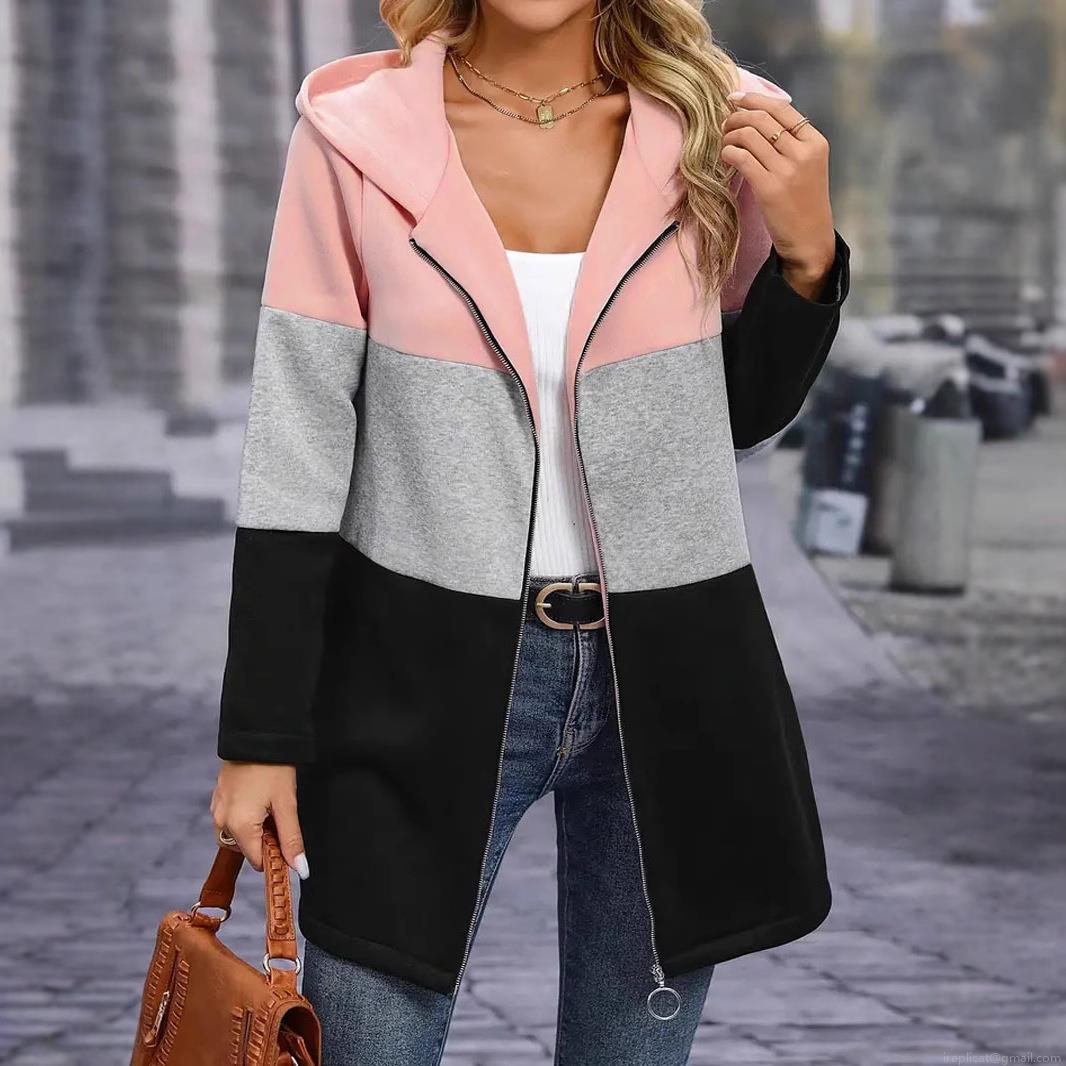 Women's Casual Color Block Hooded Zip-up Cardigan Jacket Loose Mid-length Polyester Spandex Outerwear For Autumn Winter
