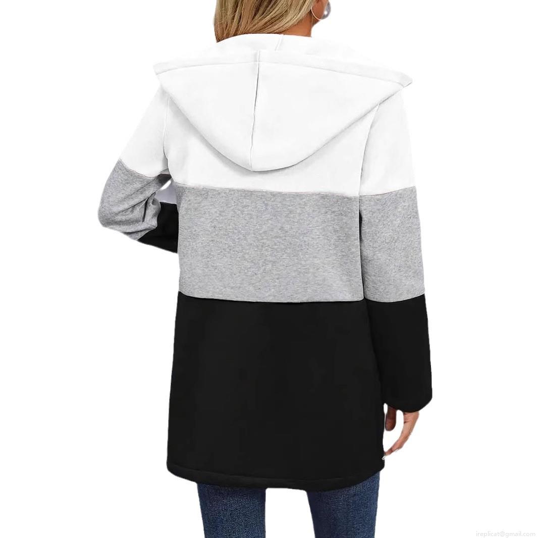 Women's Casual Color Block Hooded Zip-up Cardigan Jacket Loose Mid-length Polyester Spandex Outerwear For Autumn Winter