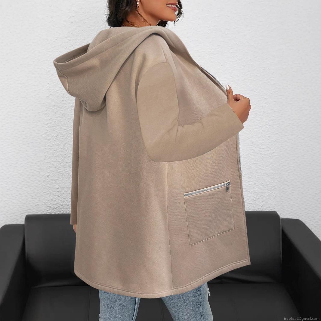 Women's Plus Size Hooded Jacket Long Sleeve Zip Up Hoodie Solid Color Autumn Winter Casual Warm Sweatshirt Coat With Pockets